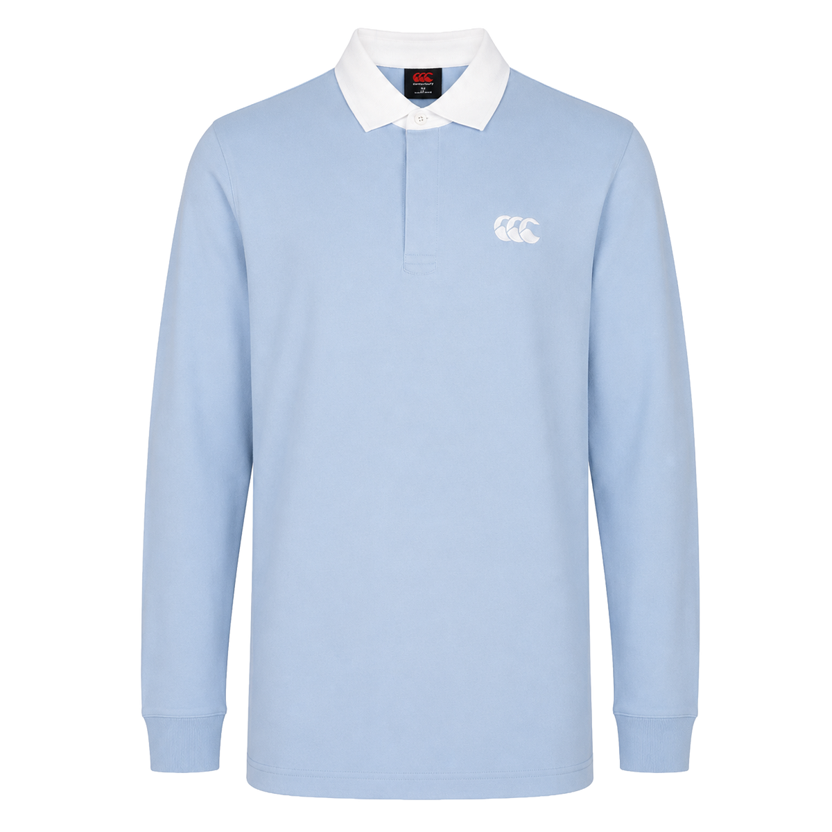 The Canterbury Solid Dye Rugby Jersey by Canterbury features a light blue color, long sleeves, white collar, and the classic logo on the left chest. Shown against a plain white background.