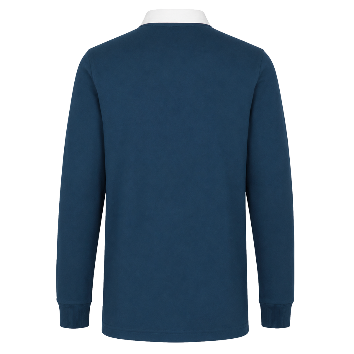 Back view of the Canterbury Solid Dye Rugby Jersey by Canterbury in navy blue with a white collar and ribbed cuffs, shown on a plain white background.