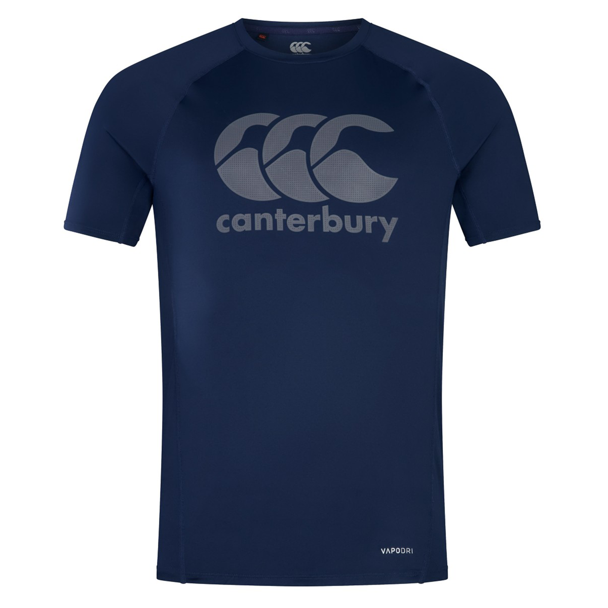 The Canterbury Large Logo Superlight Tee features a navy blue, short-sleeve design with a bold gray Canterbury logo and "canterbury" text—ideal as a lightweight performance shirt for rugby training.