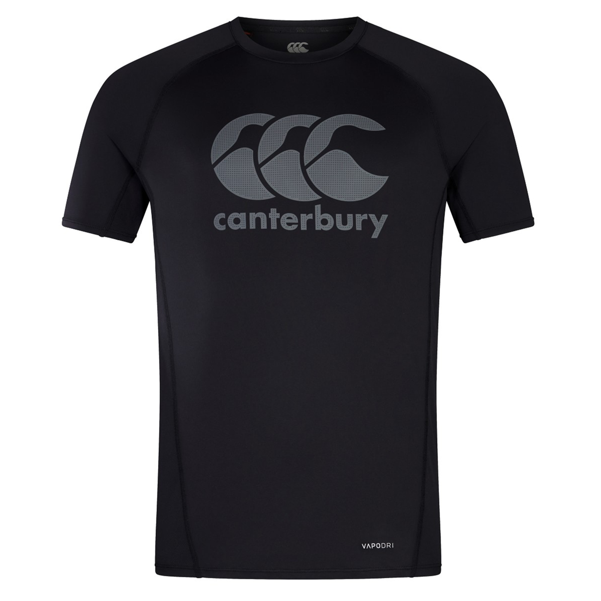 The Canterbury Large Logo Superlight Tee is a black short-sleeve performance shirt featuring a gray "Canterbury" logo and text on the chest, plus "Vapodri" near the hem to highlight its lightweight, moisture-wicking design.