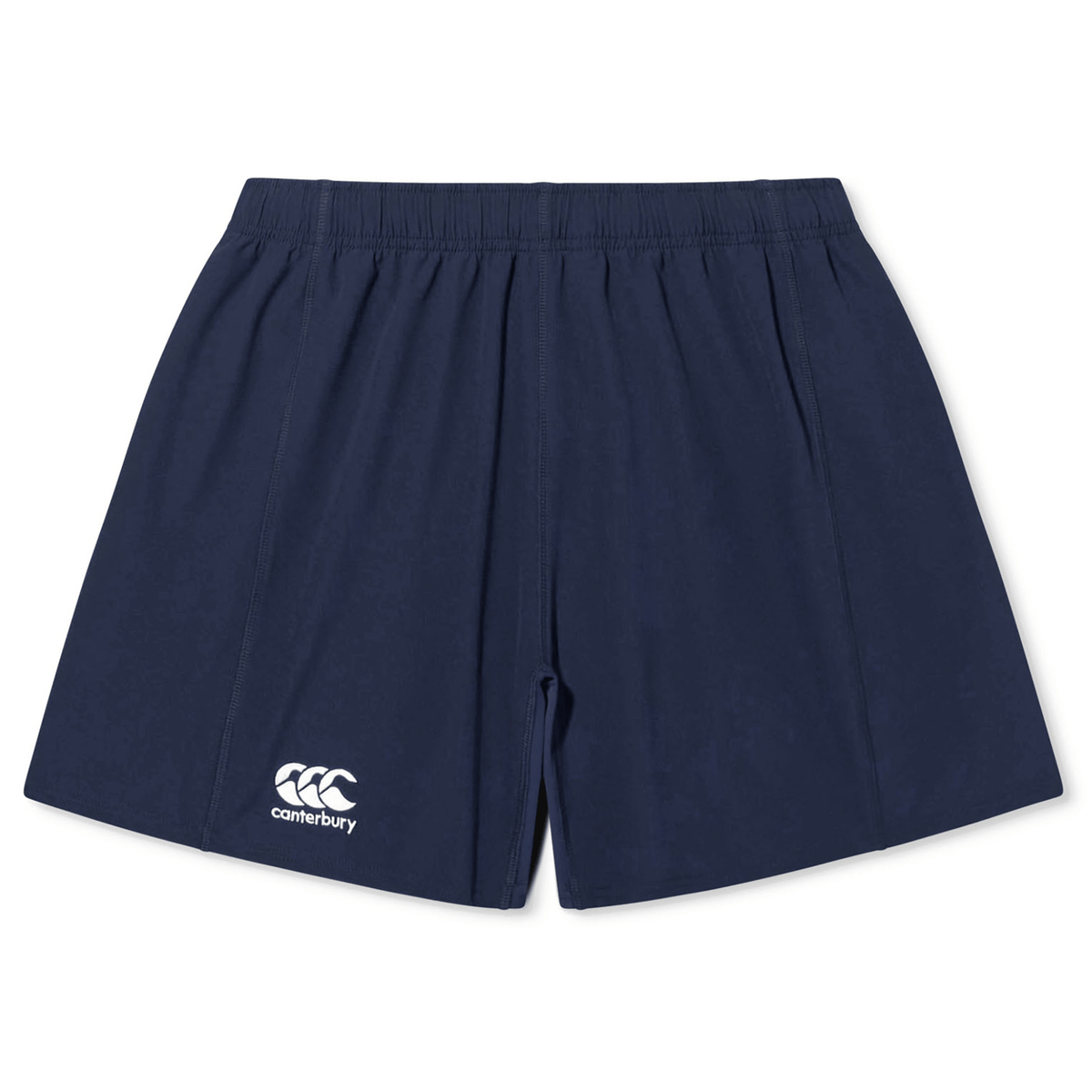 Navy blue rugby shorts from the Canterbury Yokohama Short 3-Pack Bundle feature an elastic waistband and a white Canterbury logo on the left leg.