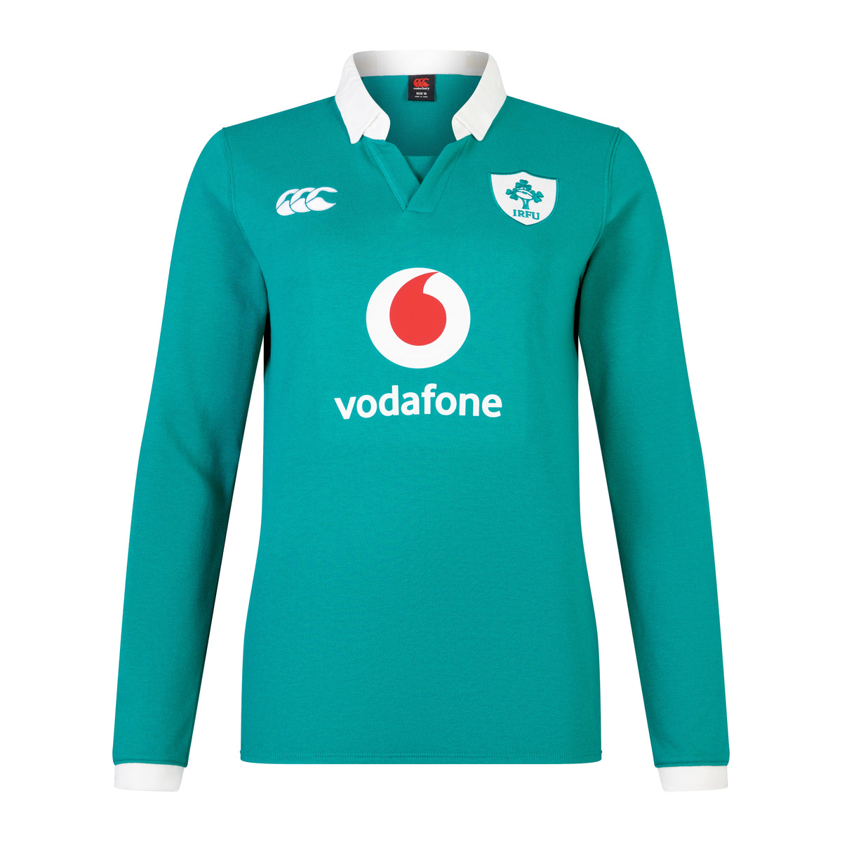 The Women&#39;s Ireland 25/26 Long Sleeve Classic Home Jersey by Canterbury features a green design with white collar, IRFU and Canterbury logos, Vodafone sponsor, and advanced VapoDri fabric for comfort and performance.