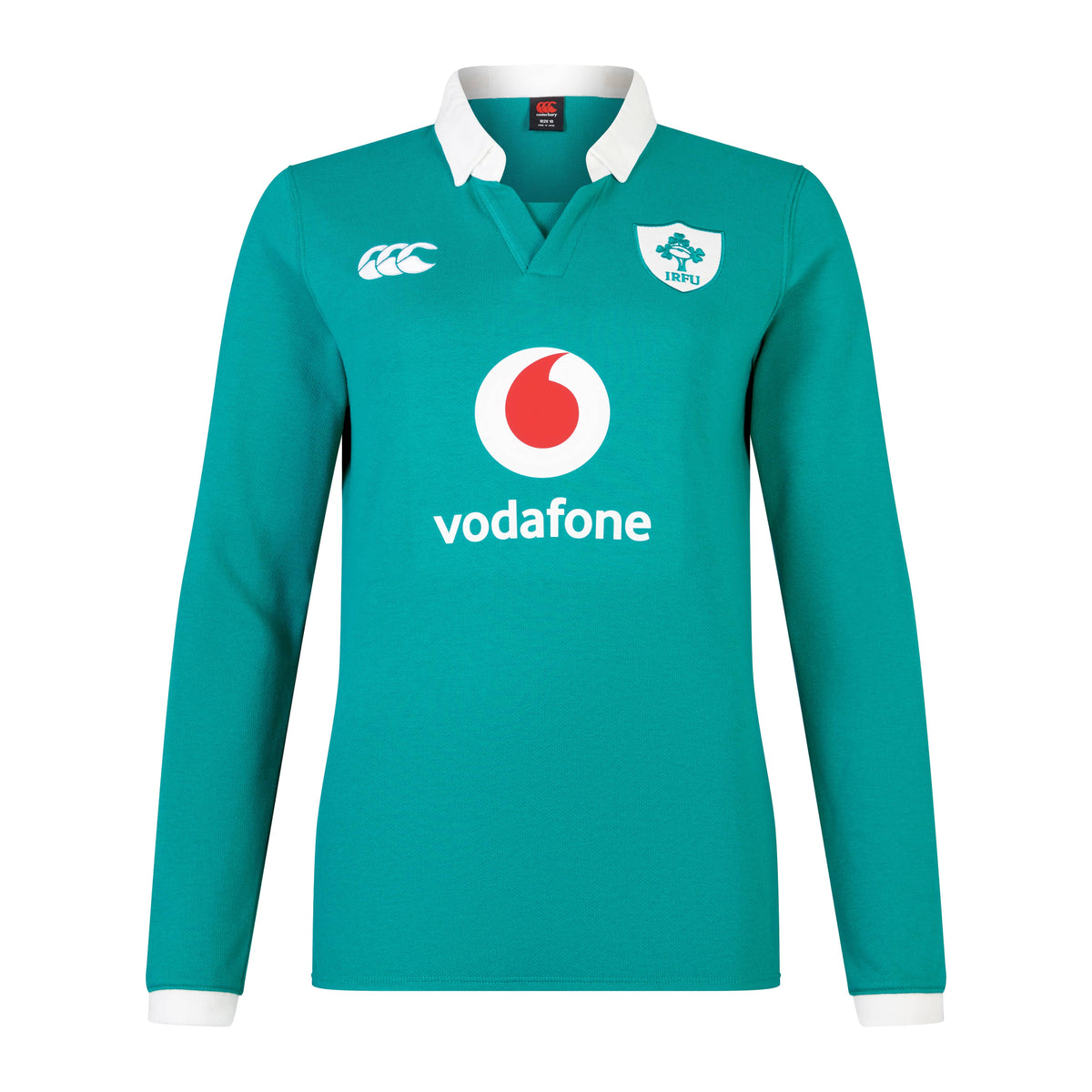 The Women's Ireland 25/26 Long Sleeve Classic Home Jersey by Canterbury features a green design with white collar, IRFU and Canterbury logos, Vodafone sponsor, and advanced VapoDri fabric for comfort and performance.