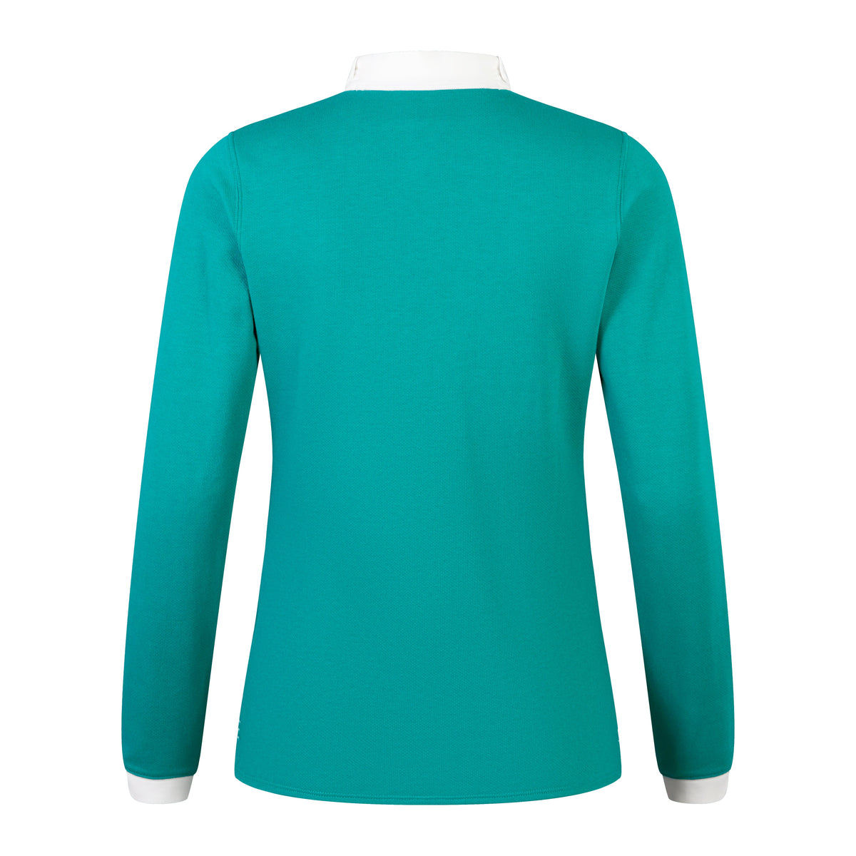 Back view of the Women&#39;s Ireland 25/26 Long Sleeve Classic Home Jersey by Canterbury in teal with VapoDri fabric, a white collar, and white sleeve cuffs, displayed on a plain background.
