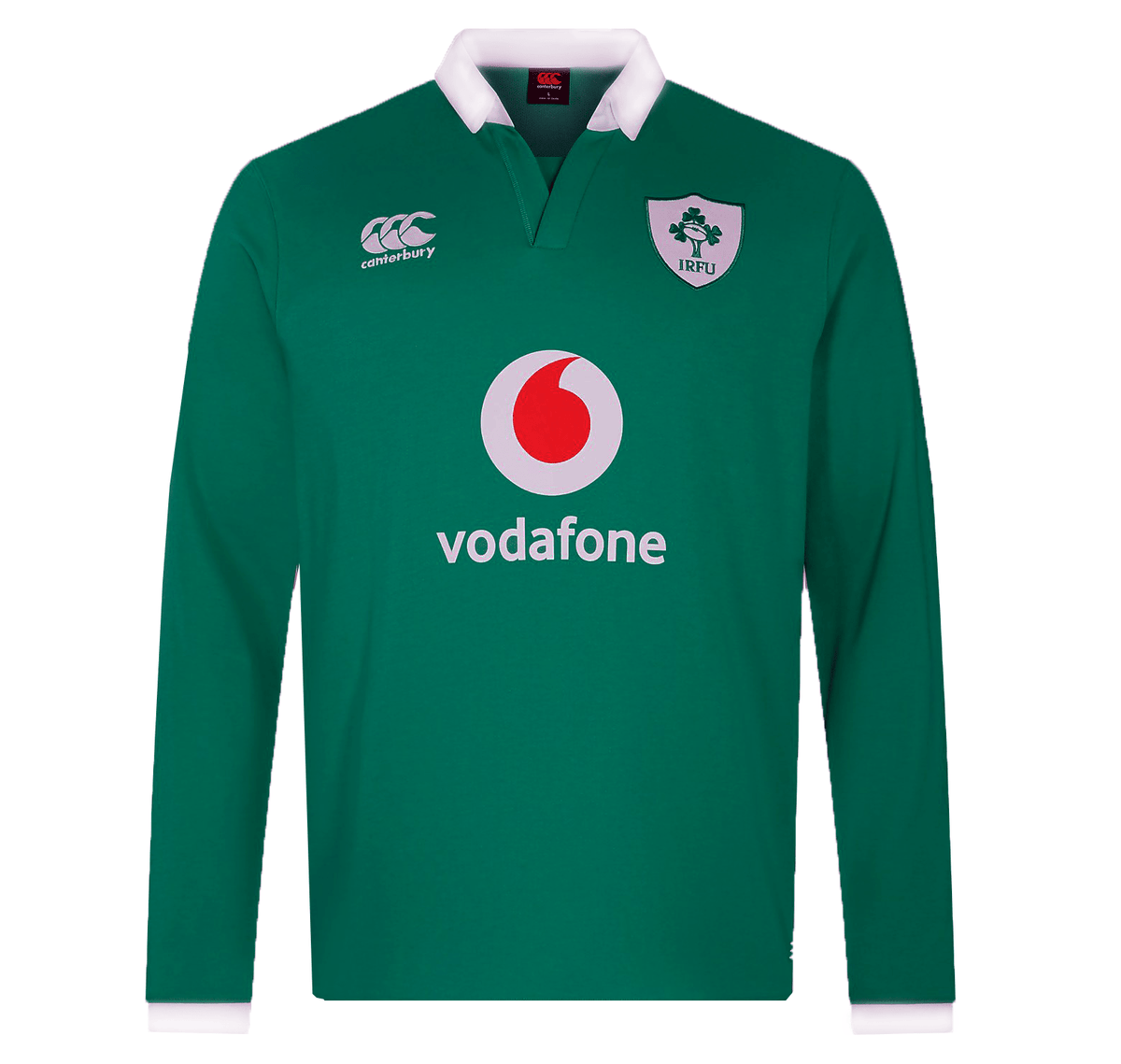 The Ireland Home Long Sleeve Classic Jersey 25/26 by Canterbury features a green design with a white collar, Ireland Rugby logo, and Canterbury branding, plus Vodafone sponsor logo on the front.