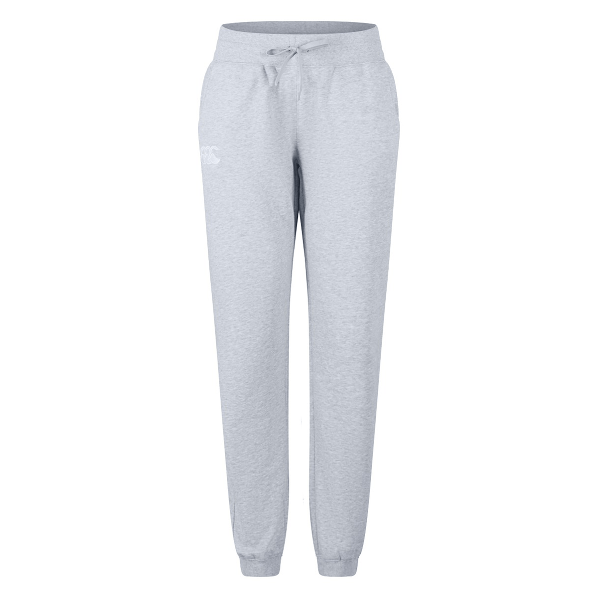 The Women's Leisure Sweatpant by Canterbury features light grey leisure sweatpants for women, designed with an elastic waistband, drawstring, and side pockets. The ribbed cuffs ensure a snug fit at the ankles. Crafted from a soft cotton blend fleece, these sweatpants deliver maximum comfort and style.