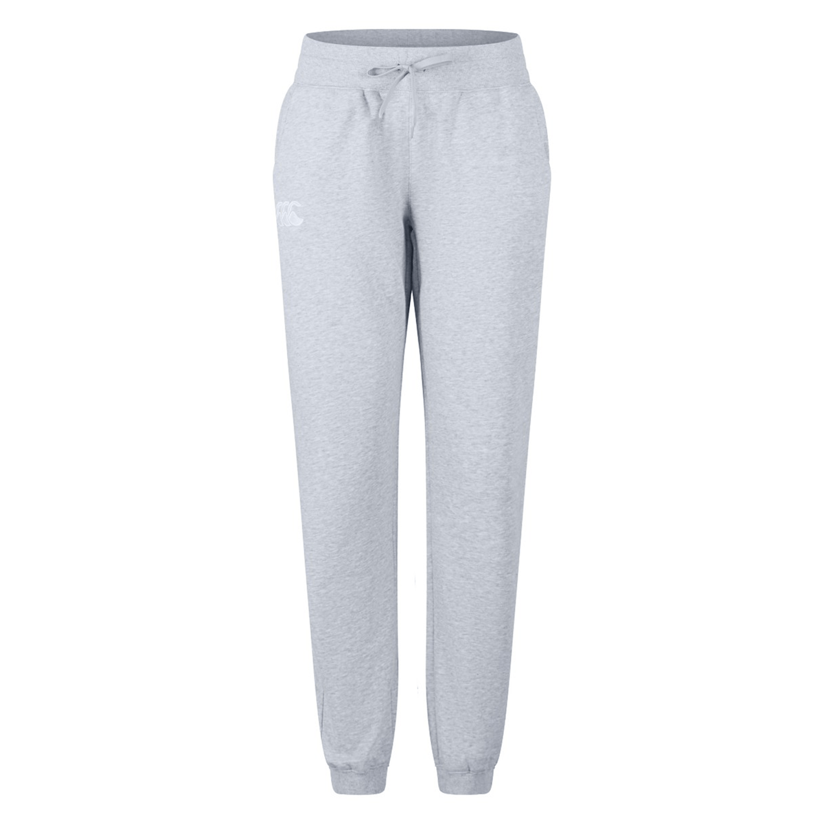 The Women&#39;s Leisure Sweatpant by Canterbury features light grey leisure sweatpants for women, designed with an elastic waistband, drawstring, and side pockets. The ribbed cuffs ensure a snug fit at the ankles. Crafted from a soft cotton blend fleece, these sweatpants deliver maximum comfort and style.