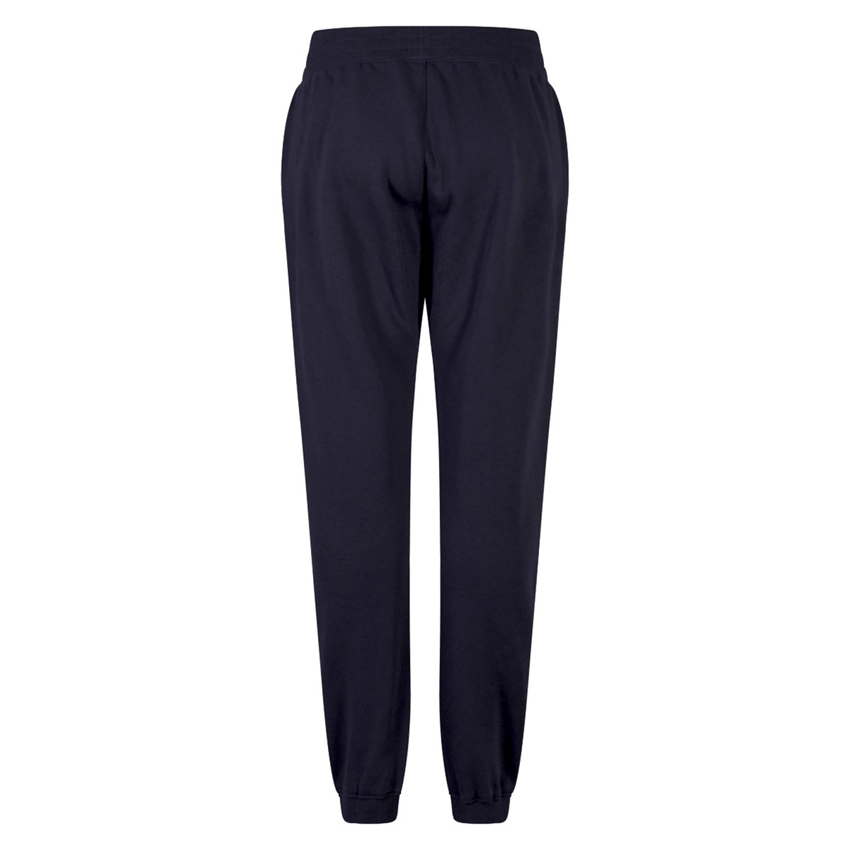 Back view of the Women&#39;s Leisure Sweatpant by Canterbury in plain navy blue, featuring an elastic waist and cuffs. Made from a comfortable cotton blend fleece, this stylish piece proudly displays the iconic Canterbury logo.