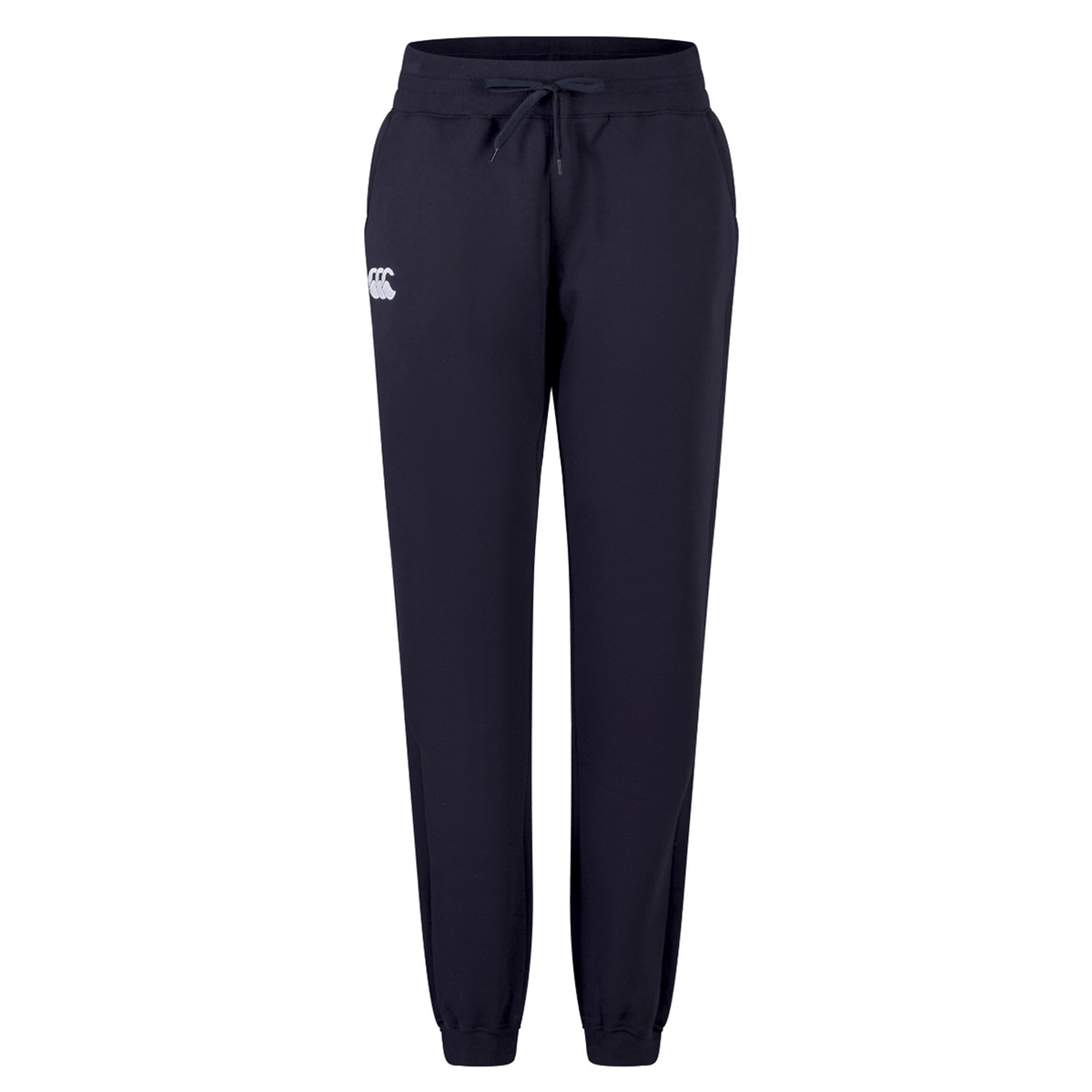 The Women&#39;s Leisure Sweatpant by Canterbury, featuring a navy blue color and made from a cotton blend fleece material, includes a drawstring waistband and the embroidered Canterbury logo on the left thigh. Elasticized cuffs at the ankles ensure a snug fit.
