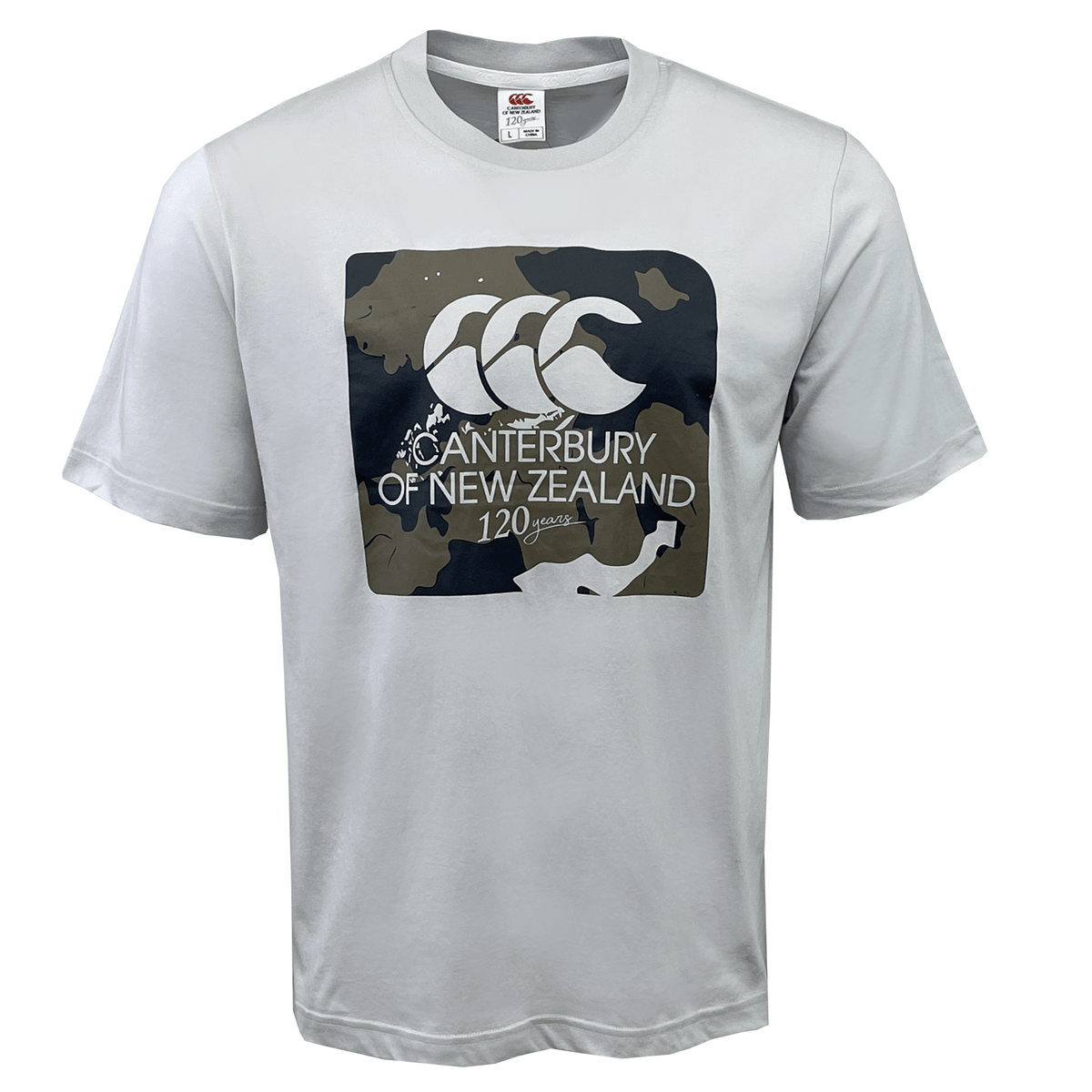 The white short-sleeve Canterbury Force T-Shirt showcases a logo with &quot;Canterbury of New Zealand&quot; and &quot;120 Years&quot; text, set against a stylish CCC camo print square adorned with a stylized Canterbury symbol.