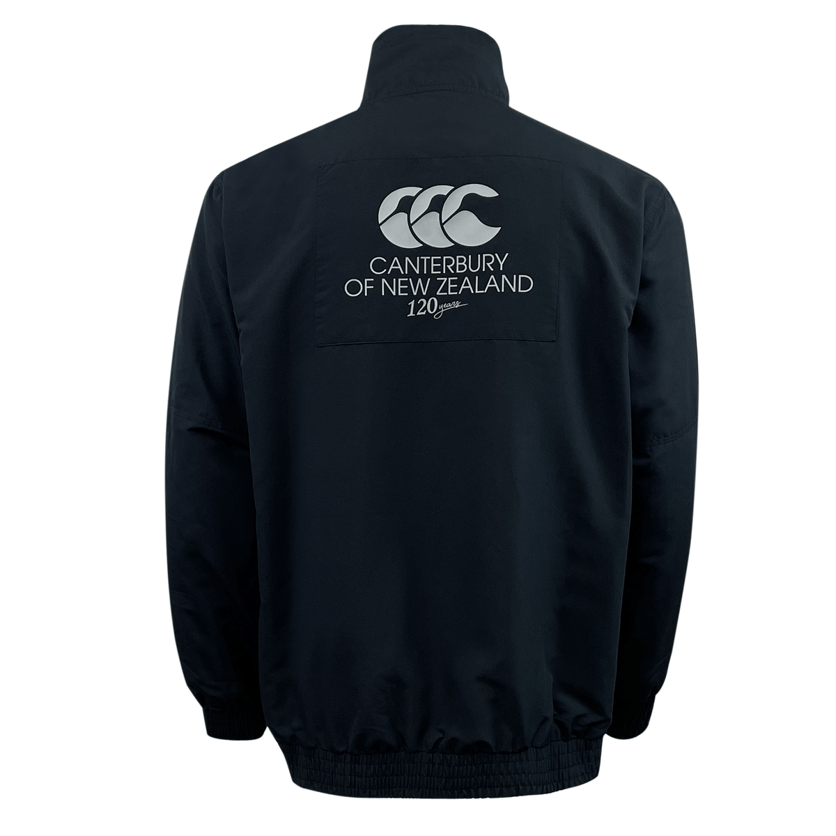 Back view of a dark blue Canterbury Legends Woven Track Jacket with a logo and "120" text on the upper back.