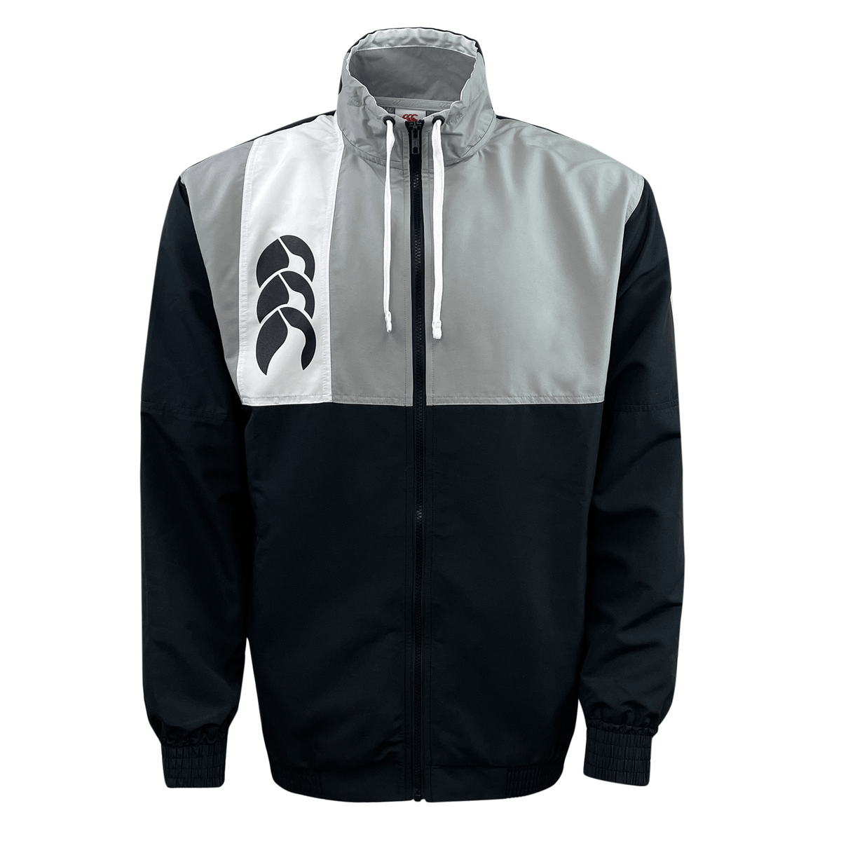 A two-tone full zip Canterbury Legends Woven Track Jacket featuring a black lower and light gray upper part, and a dark leaf-like logo on the left chest.