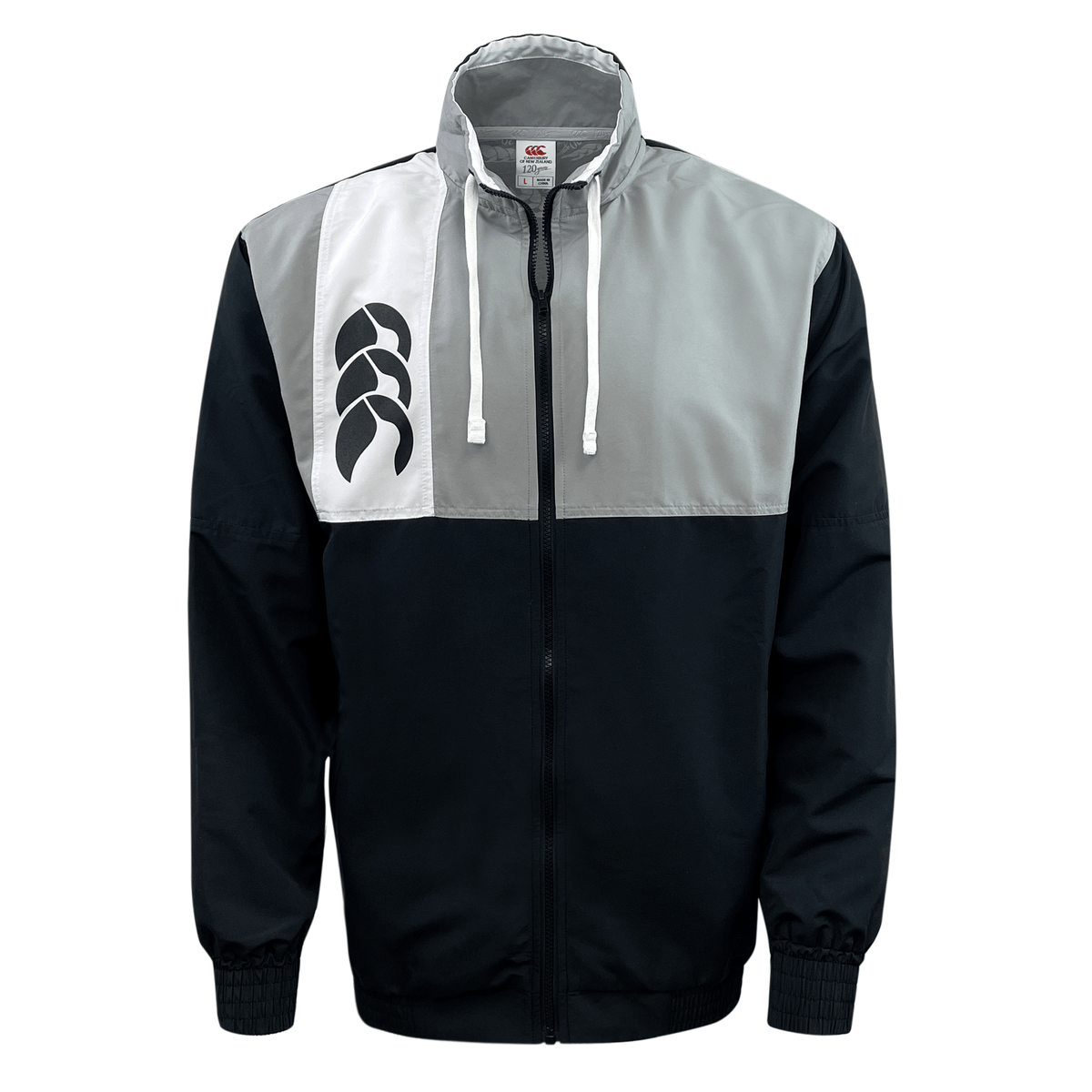 A two-toned Canterbury Legends Woven track jacket with a silver top and black bottom, featuring a white abstract logo on the left chest, a full zip front, and a drawstring hood.