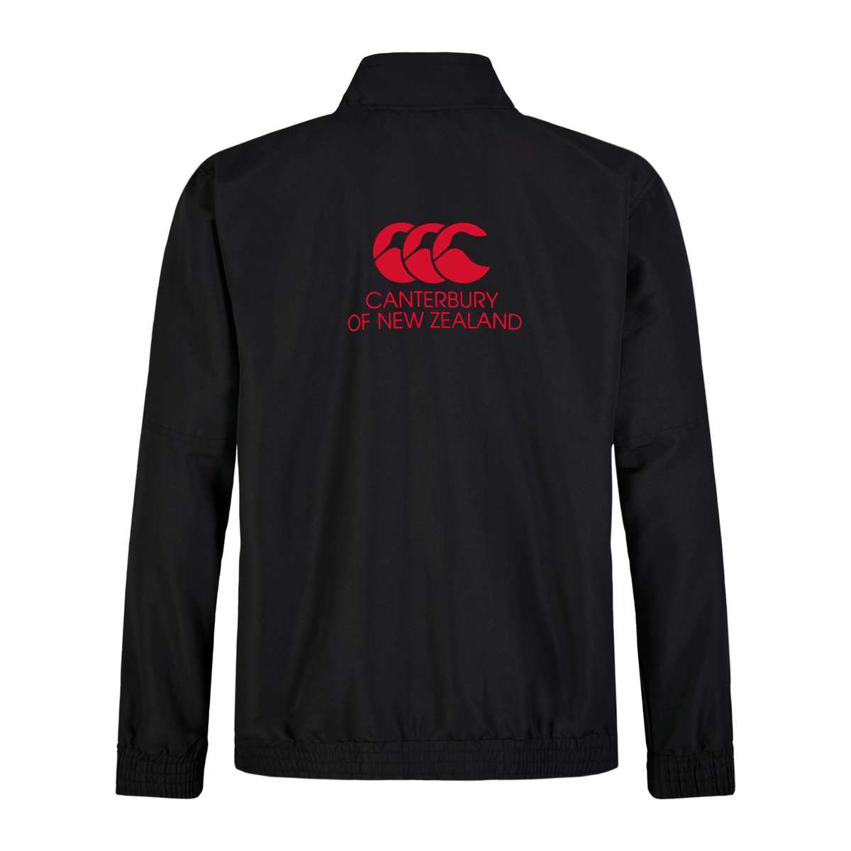 The Canterbury Legends Track Jacket, branded by Canterbury in black, features a red Canterbury of New Zealand logo on the back with three overlapping crescents and text, ideal for sportswear enthusiasts.