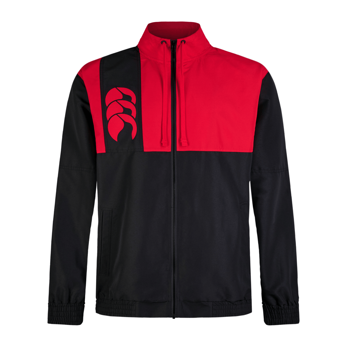 Meet the Canterbury Legends Track Jacket, a robust black and red zip-up highlighted by a high collar, elastic cuffs, and an abstract logo on the chest. Ideal for those who value quality sportswear with a unique flair.