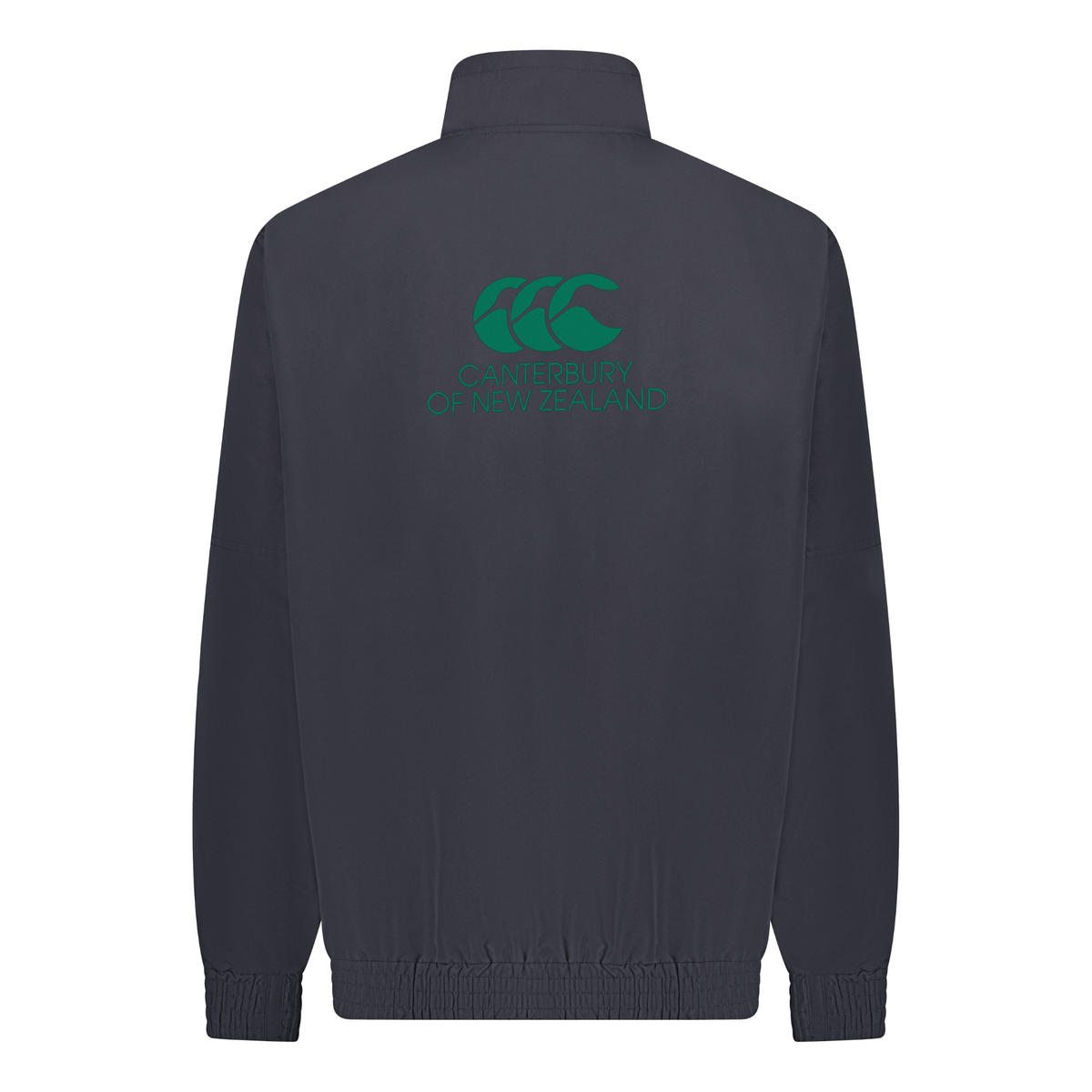The Canterbury Legends Track Jacket has a durable back design, highlighted by a distinctive green "Canterbury of New Zealand" logo.