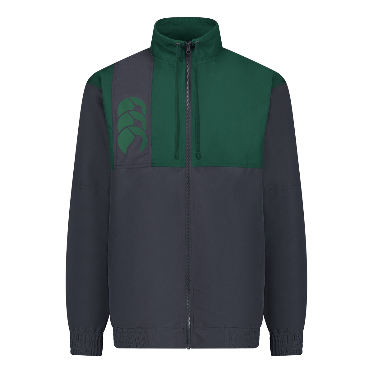 The Canterbury Legends Track Jacket by Canterbury is a durable two-tone green and gray zip-up sportswear piece, featuring a high collar, elastic cuffs, and a stylized logo on the left chest.