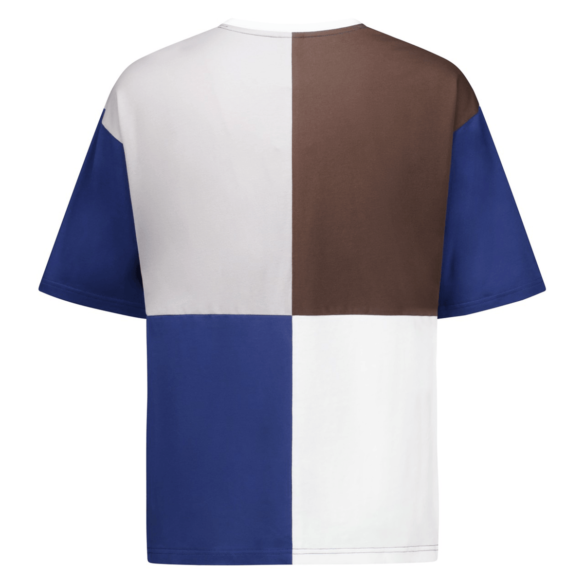 Back view of a Canterbury Harlequin Block T-Shirt featuring an asymmetric design with four color quadrants in white, brown, blue, and grey.