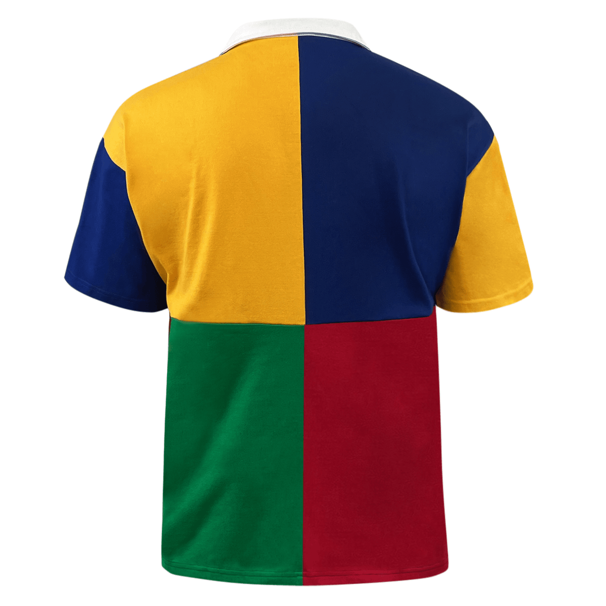 The Canterbury Harlequin Rugby Jersey by Canterbury is a short-sleeved jersey with a color-block pattern featuring blue, yellow, green, and red quadrants on the back.