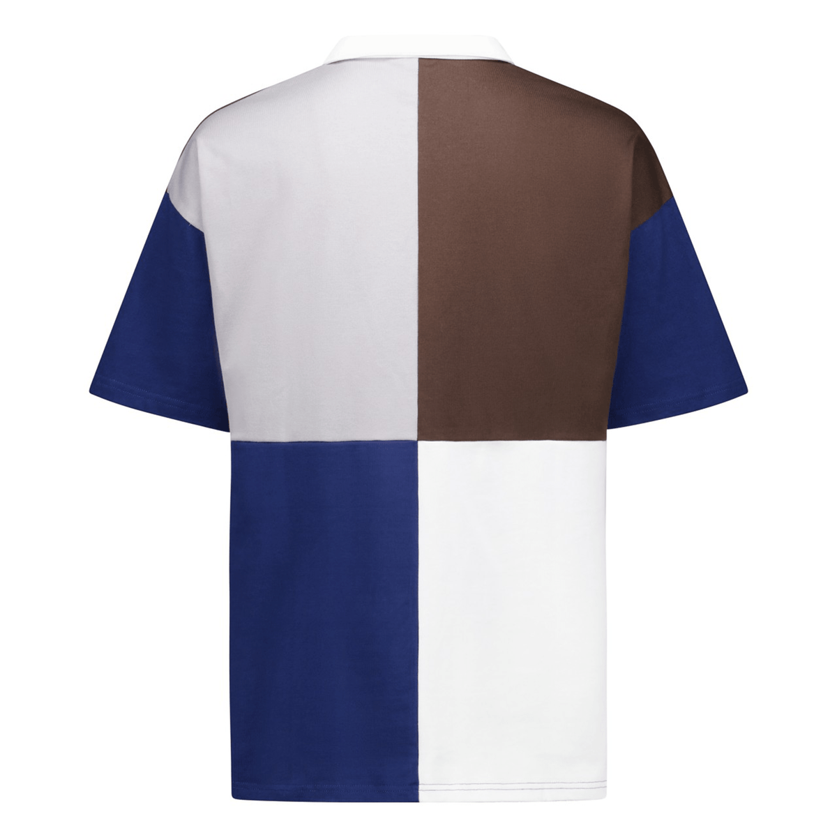 The Canterbury Harlequin Block S/S Rugger by Canterbury is a short-sleeve, color-blocked shirt inspired by a classic Canterbury rugby jersey. It features quadrants of blue, white, gray, and brown with a white collar and CCC 120 Years branding when viewed from the back.