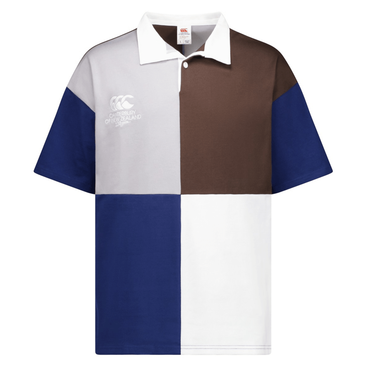 A short-sleeved Canterbury Harlequin Block S/S Rugger with a quartered design in white, brown, and blue, featuring CCC 120 Years branding on the left chest.
