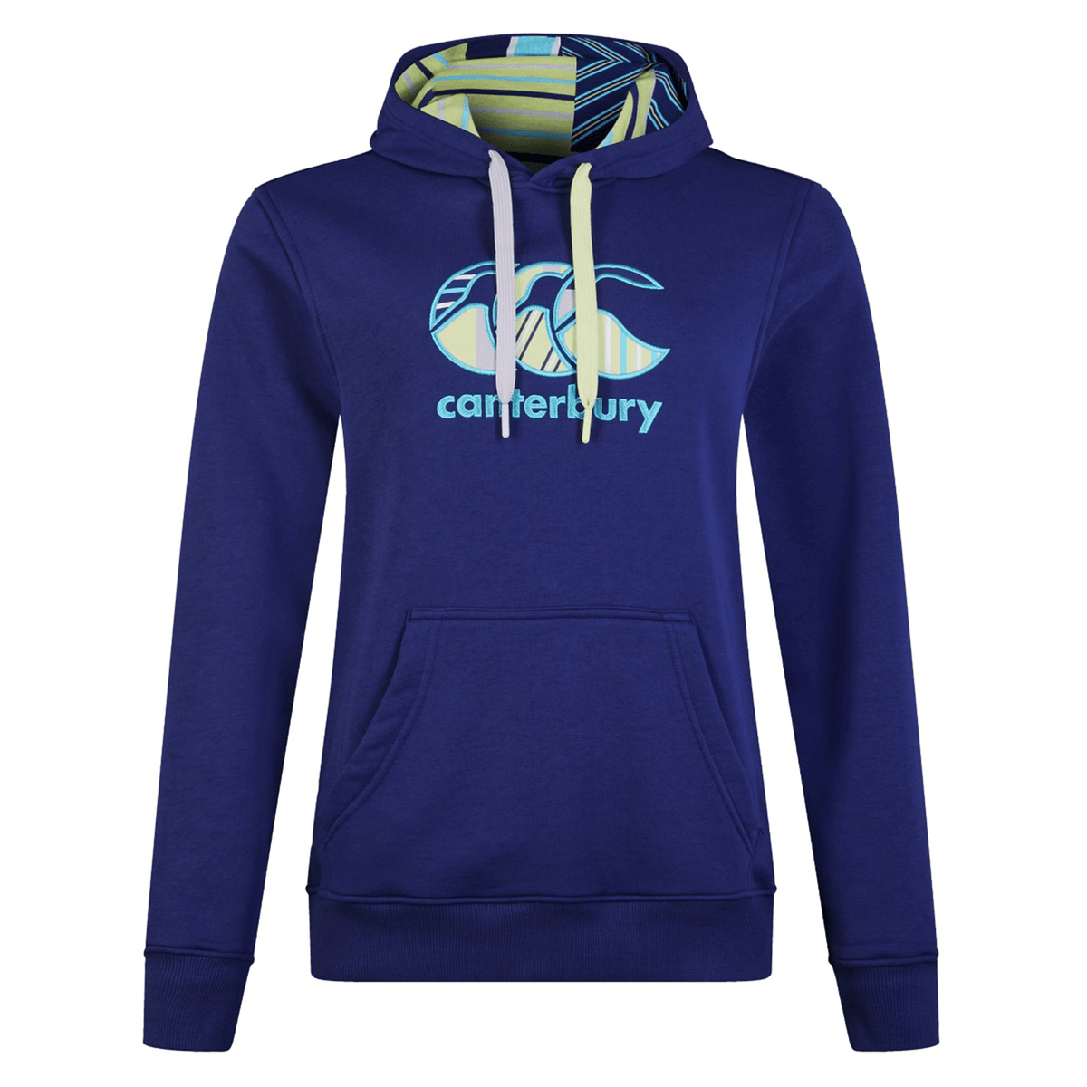 The Canterbury Women&#39;s Uglies Hoodie in blue, sporting a kangaroo pocket and the iconic &quot;Canterbury&quot; logo on the front.