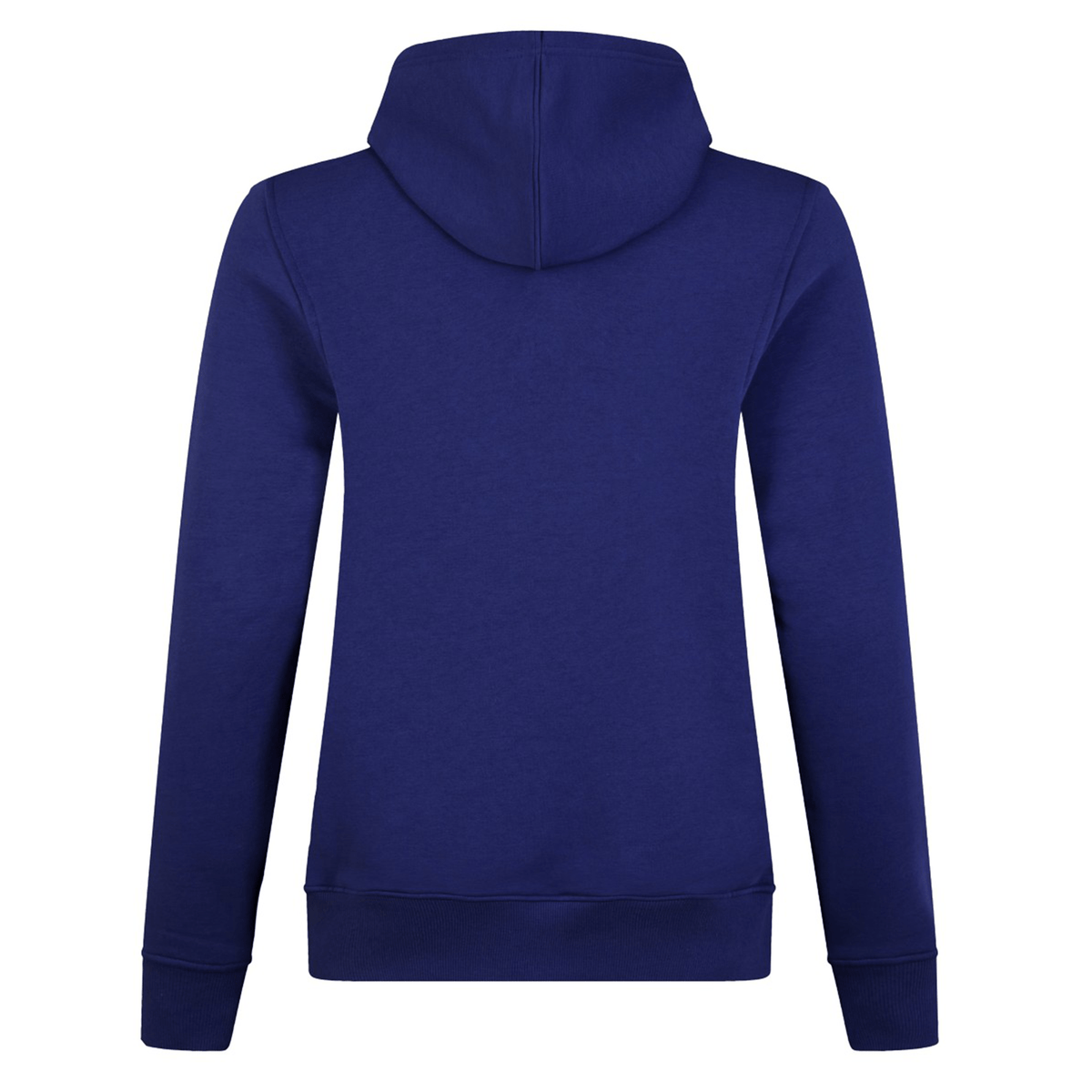 Back view of a plain navy blue Canterbury Women&#39;s Uglies Hoodie with a hood and long sleeves, tailored for women, set against a white background.