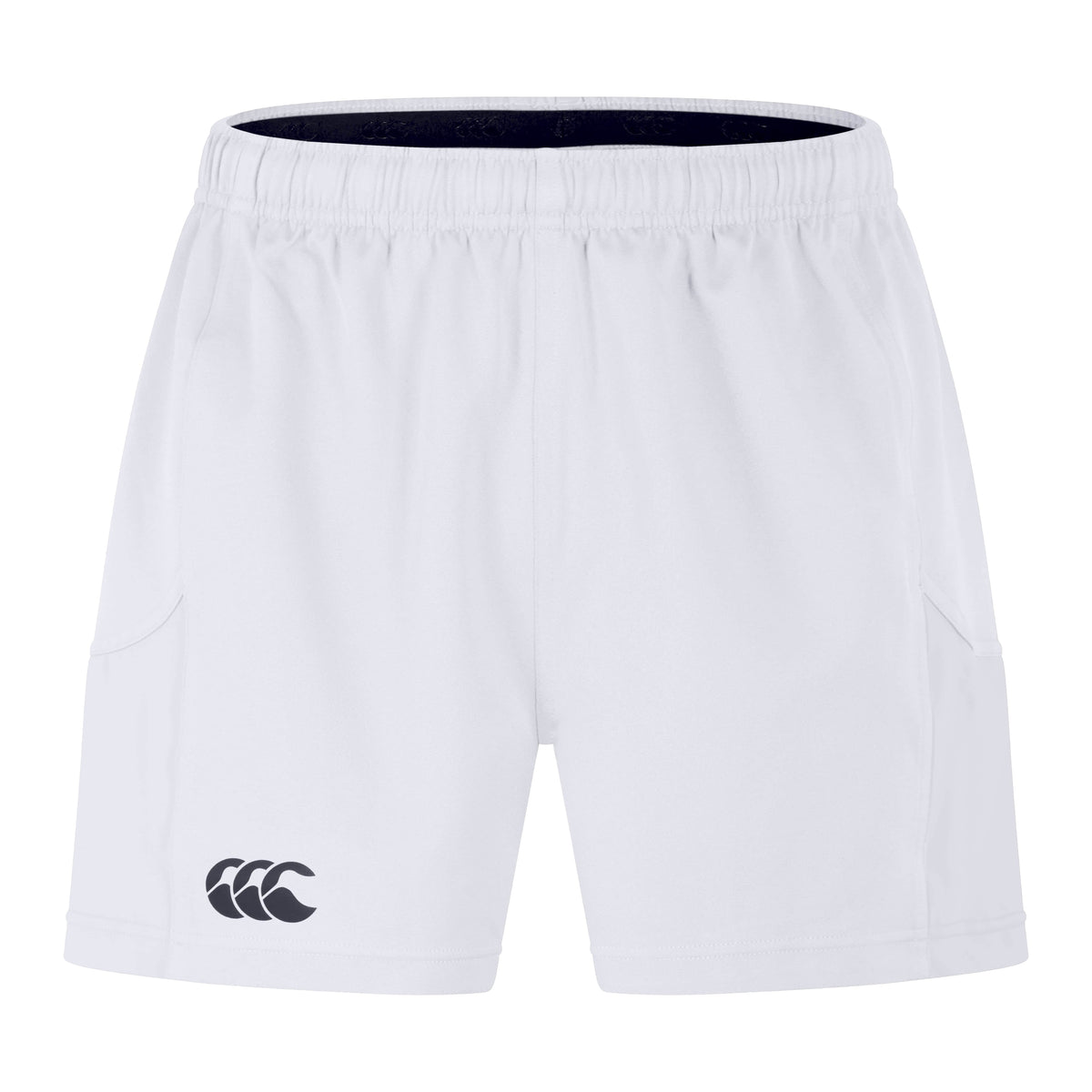 White athletic shorts with a black logo on the left thigh, featuring an elastic waistband and side pockets. These Canterbury Advantage Short 2.0 are crafted with recycled content, ensuring performance sustainability and eco-friendly comfort for every workout by Canterbury.