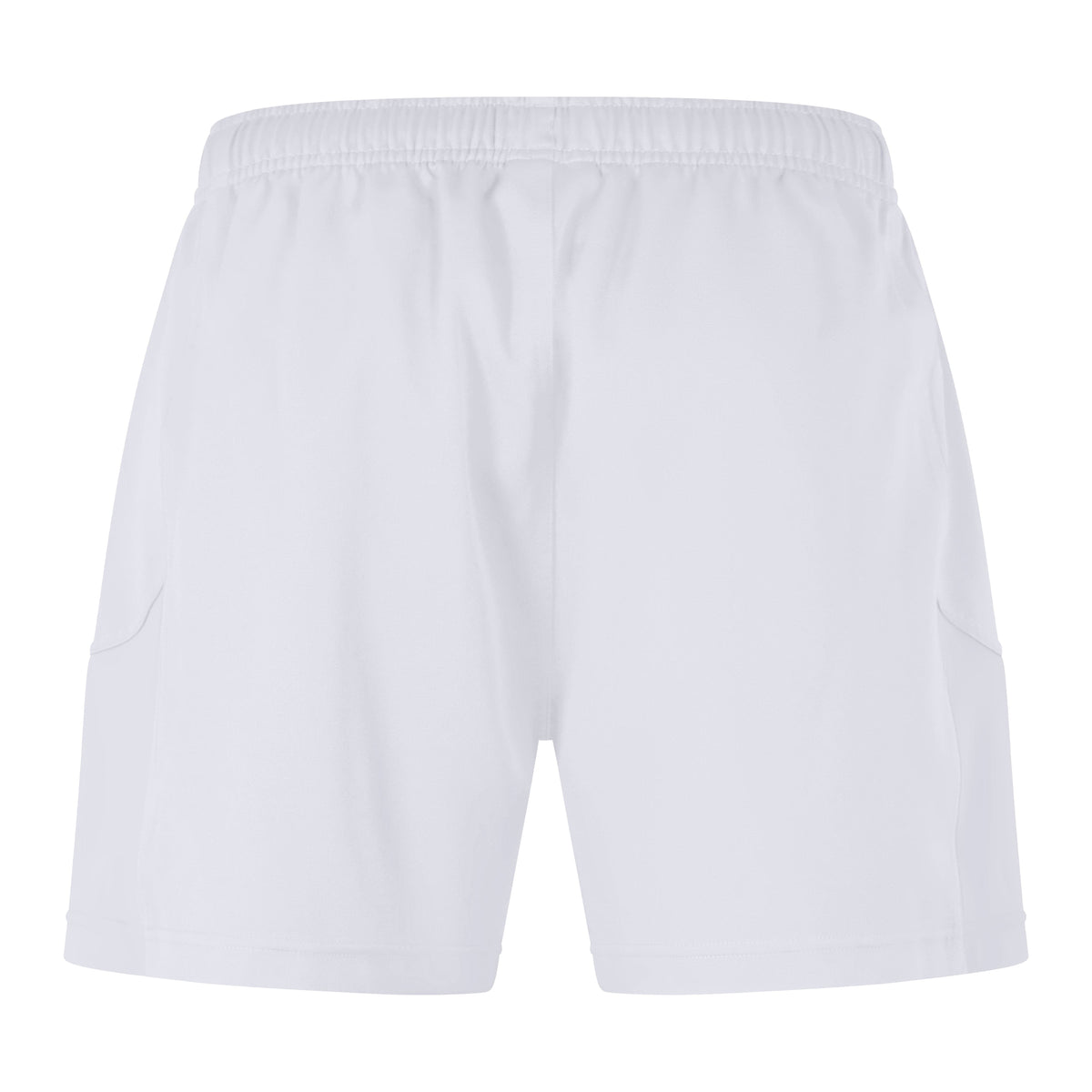 Back view of the Canterbury Advantage Short 2.0, featuring white athletic shorts with an elastic waistband, side pockets, and performance sustainability using recycled content.