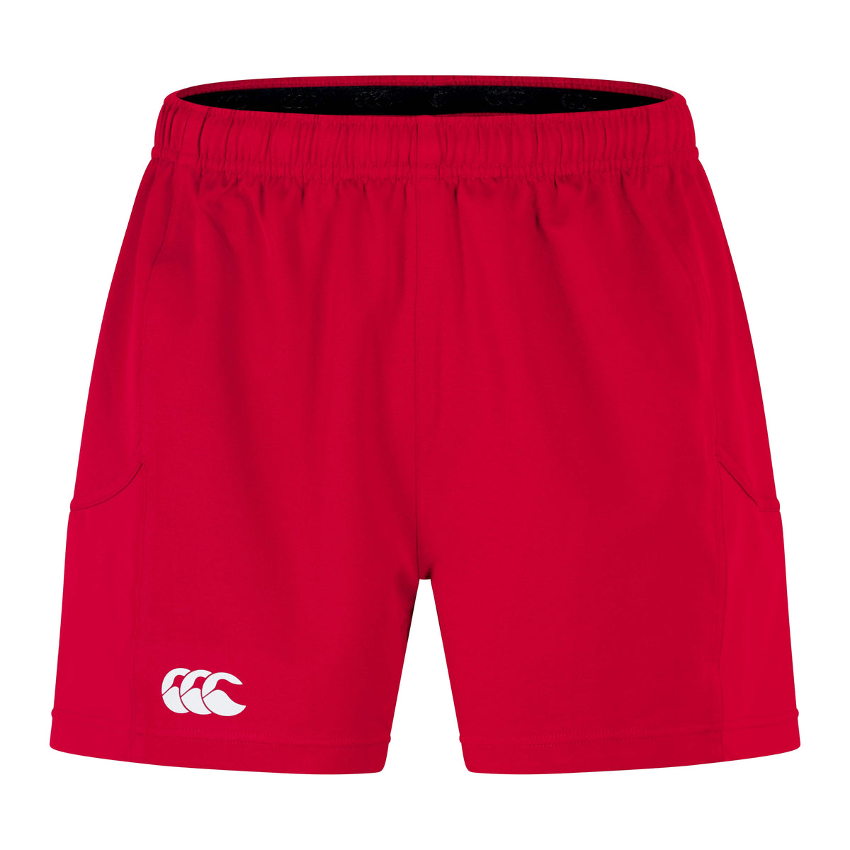 A pair of red Canterbury Advantage Short 2.0 with an elastic waistband and a white logo on the left thigh, crafted by Canterbury with performance sustainability in mind using recycled content.