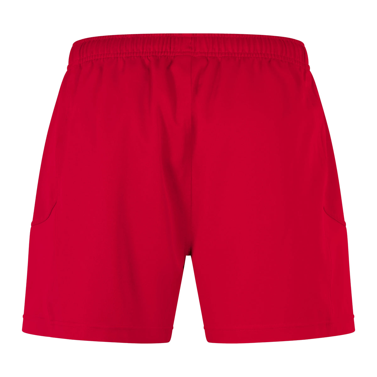 Revised Sentence: Rear view of red Canterbury Advantage Short 2.0 with an elastic waistband and side pockets, crafted with recycled content for both performance and sustainability, shown against a white background.