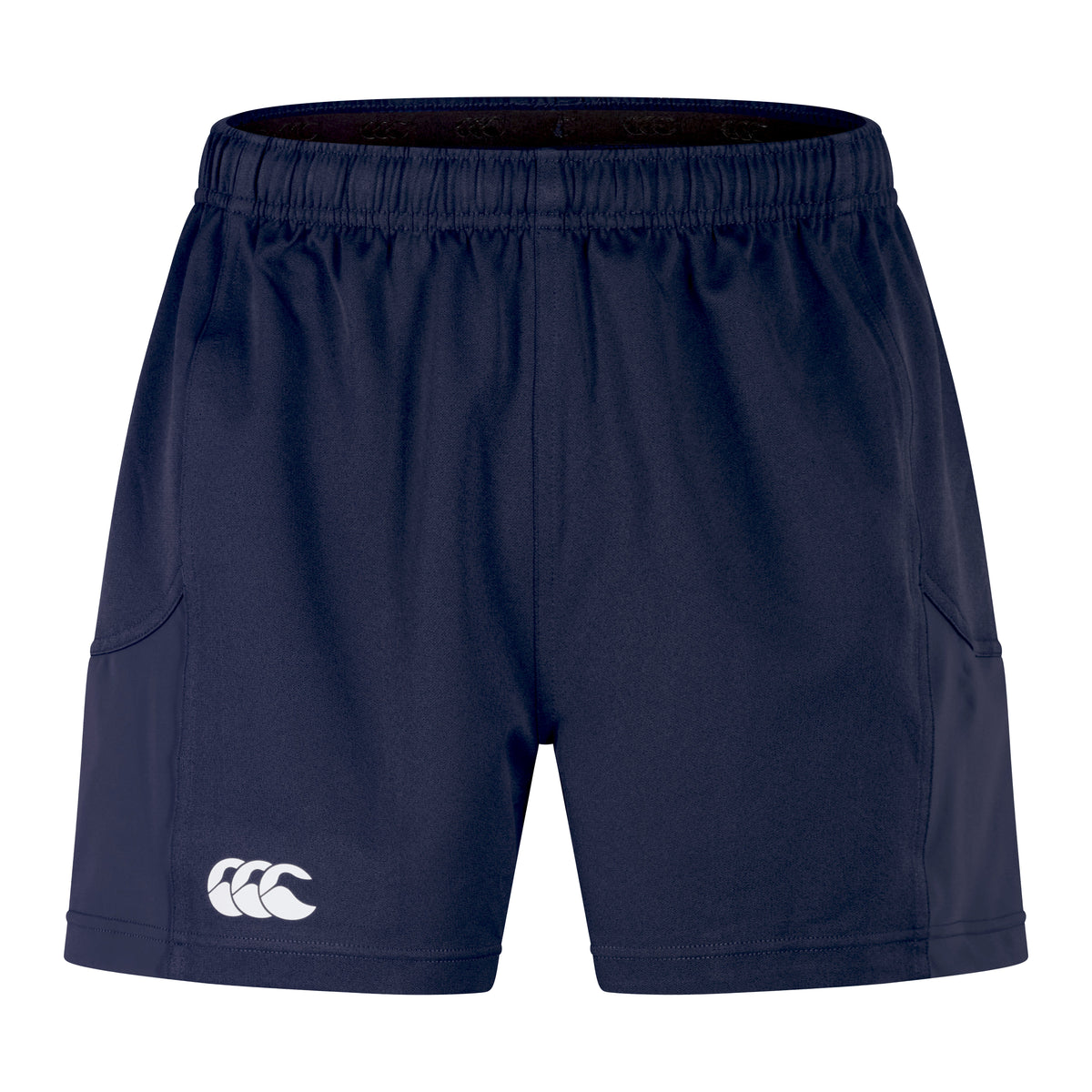 The Canterbury Advantage Short 2.0 in navy blue, featuring an elastic waistband and a white logo on the lower right leg, is crafted with recycled content for enhanced performance sustainability.
