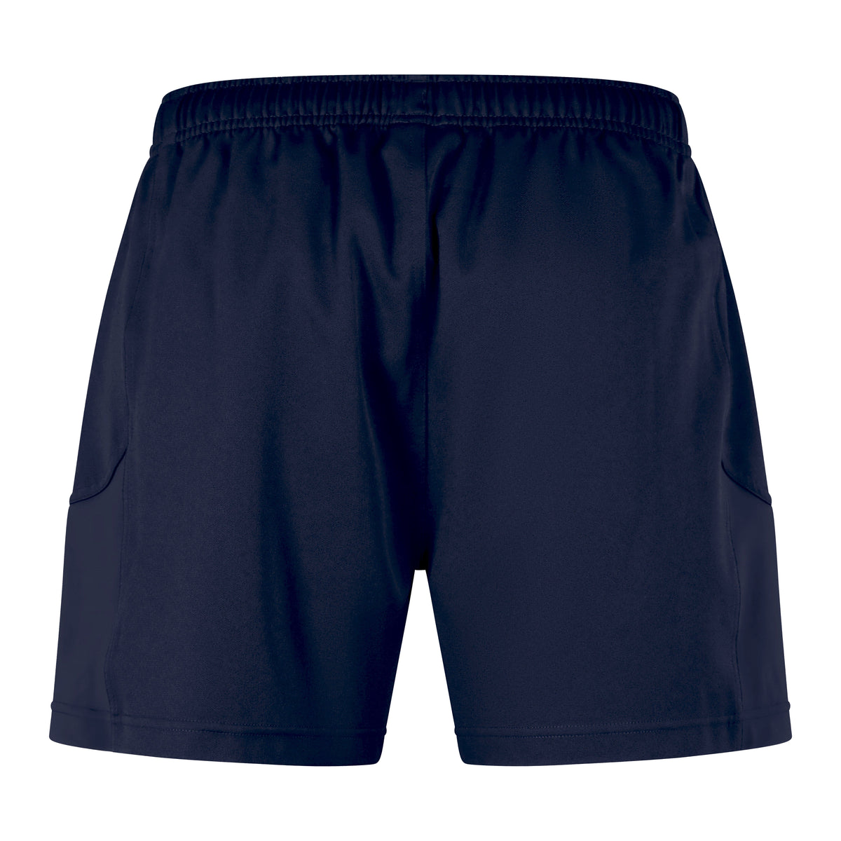 A pair of Canterbury Advantage Short 2.0 in dark blue, featuring an elastic waistband and side pockets, crafted with recycled content for performance sustainability, displayed against a white background.