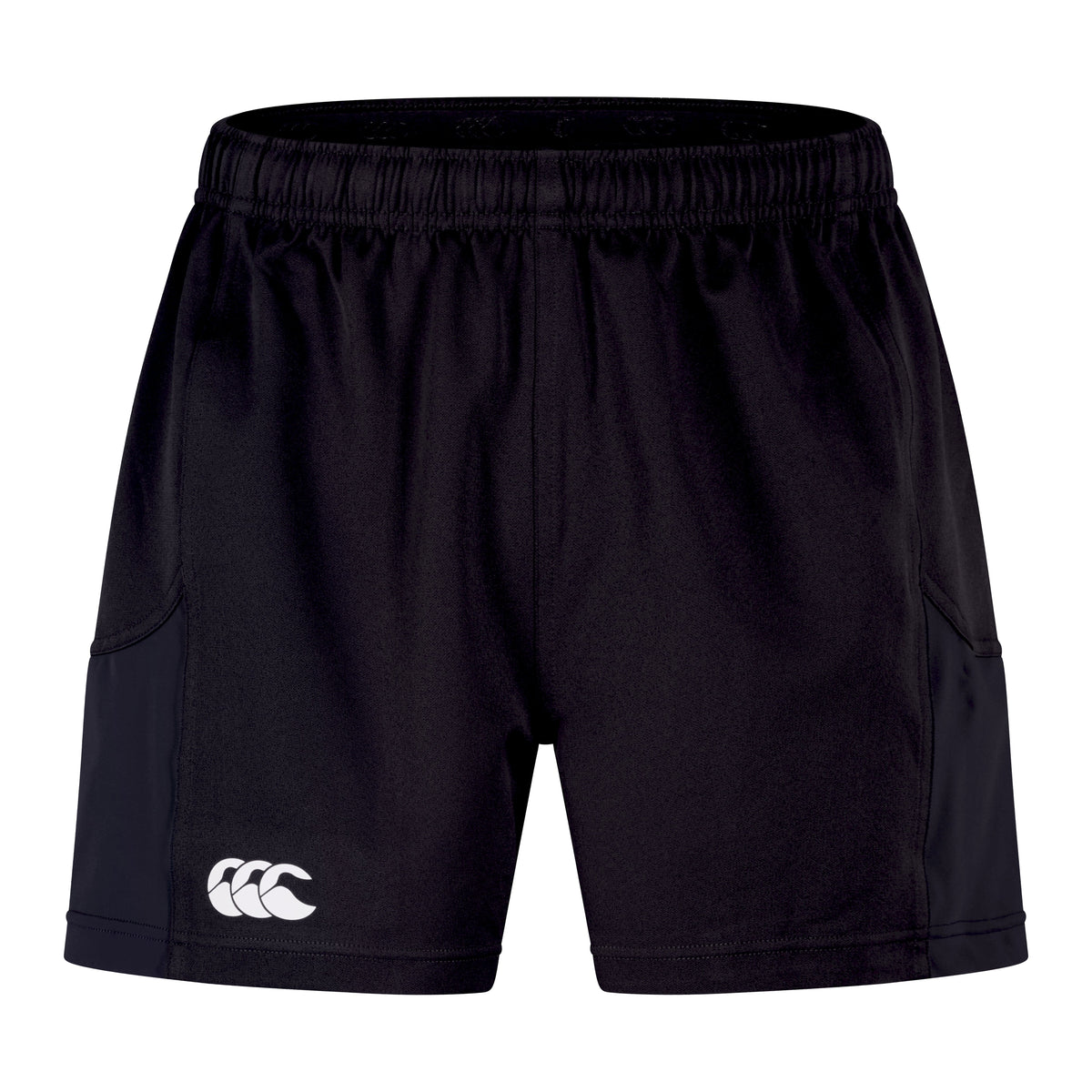 The Canterbury Advantage Short 2.0: Black athletic shorts by Canterbury, made with recycled content, featuring an elastic waistband and a white stylized logo on the front left leg.