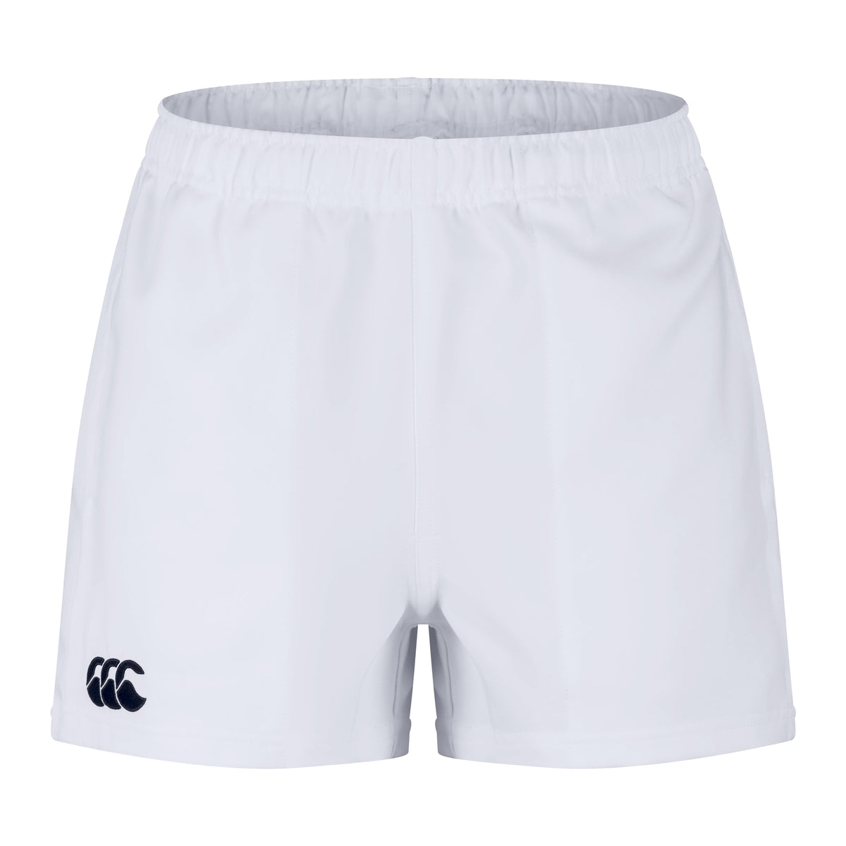 Introducing the Canterbury Player's Drill Short, crafted from recycled fabric. These sustainable athletic shorts feature an elastic waistband and a sleek black Canterbury logo near the bottom-left hem, offering a plain yet stylish design for your workout needs.