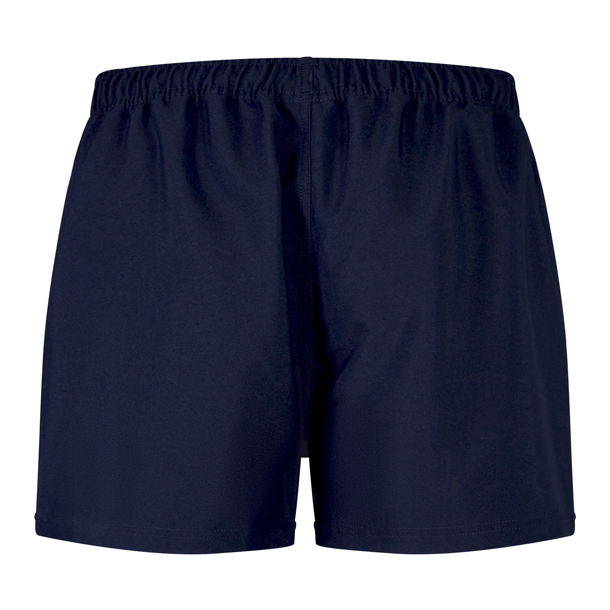 Close-up of a pair of dark blue Canterbury Player's Drill Shorts with an elastic waistband, displayed against a plain white background.