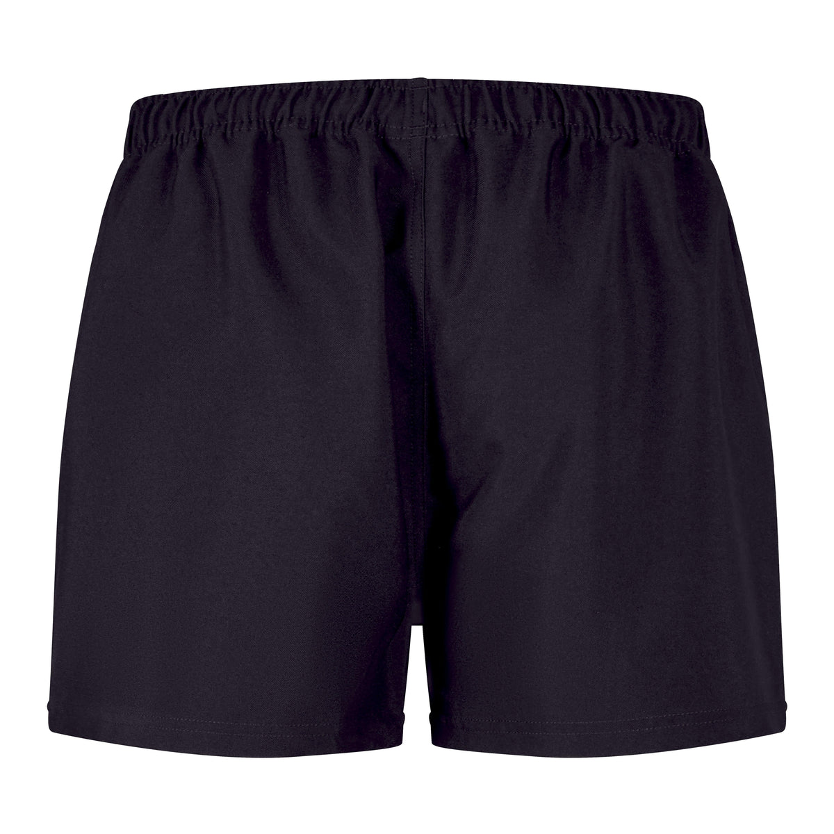 A back view of the Canterbury Player's Drill Short, showcasing its plain black design, elastic waistband, and eco-friendly recycled fabric for a sustainable choice.