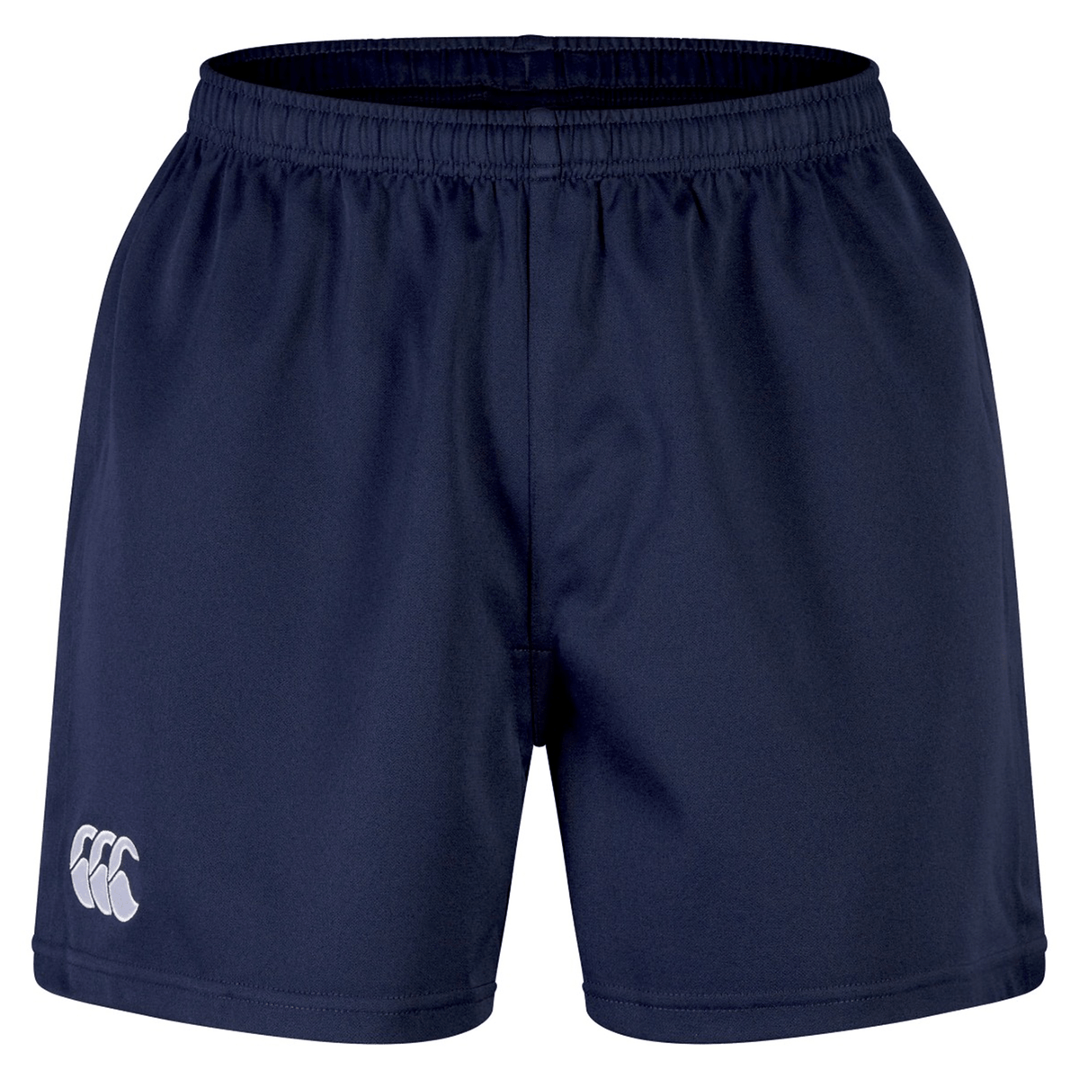 The Canterbury Professional Short 2.0 features an elasticated waistband and a white Canterbury logo on the lower left leg, offering durability and comfort in navy blue for any workout.