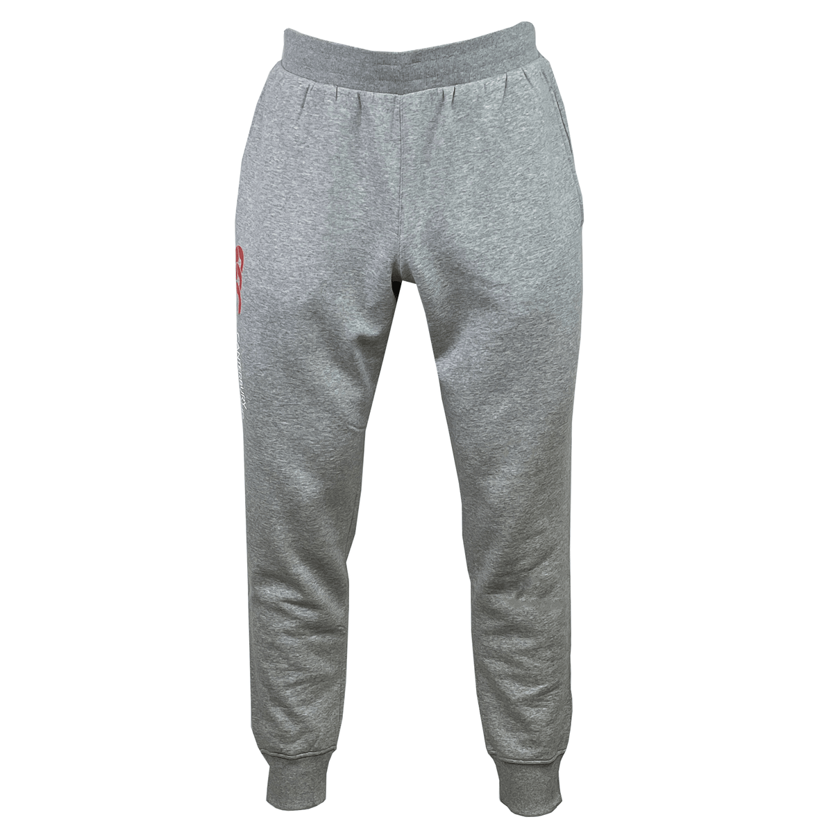Gray sweatpants with an elastic waistband and cuffs, featuring side pockets and a red logo on the left hip. Crafted from cotton polyester fleece, these Canterbury of New Zealand Sweatpants by Canterbury offer both comfort and style.
