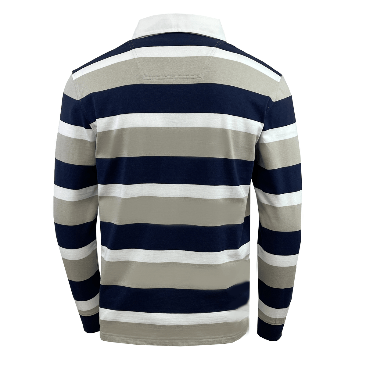 Back view of the Canterbury CCC Stripe Long Sleeve Rugger, featuring navy blue, white, and beige horizontal stripes.