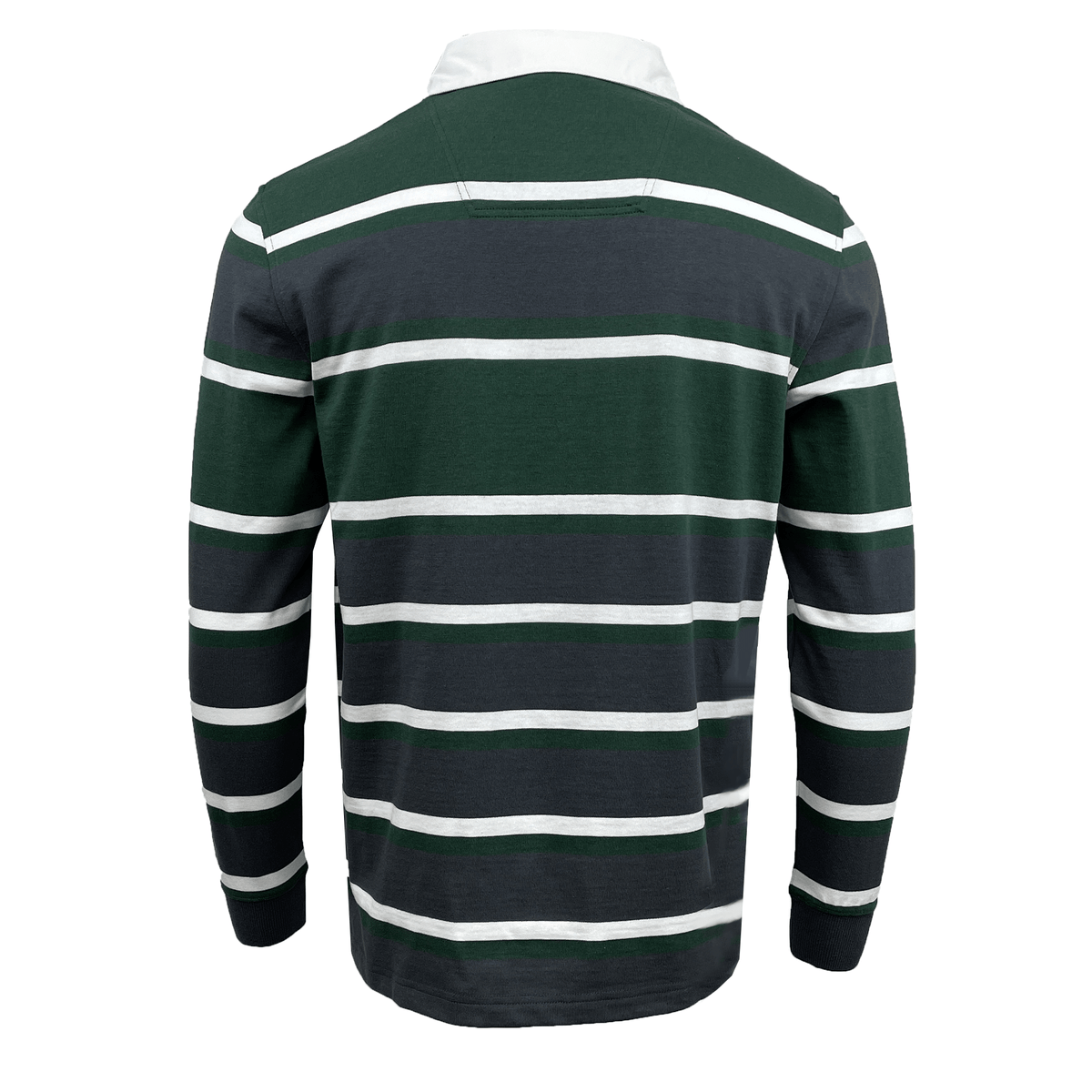 A back view of the Canterbury CCC Engineered Stripe Long Sleeve Rugger, showcasing its green, white, and dark gray horizontal stripes.