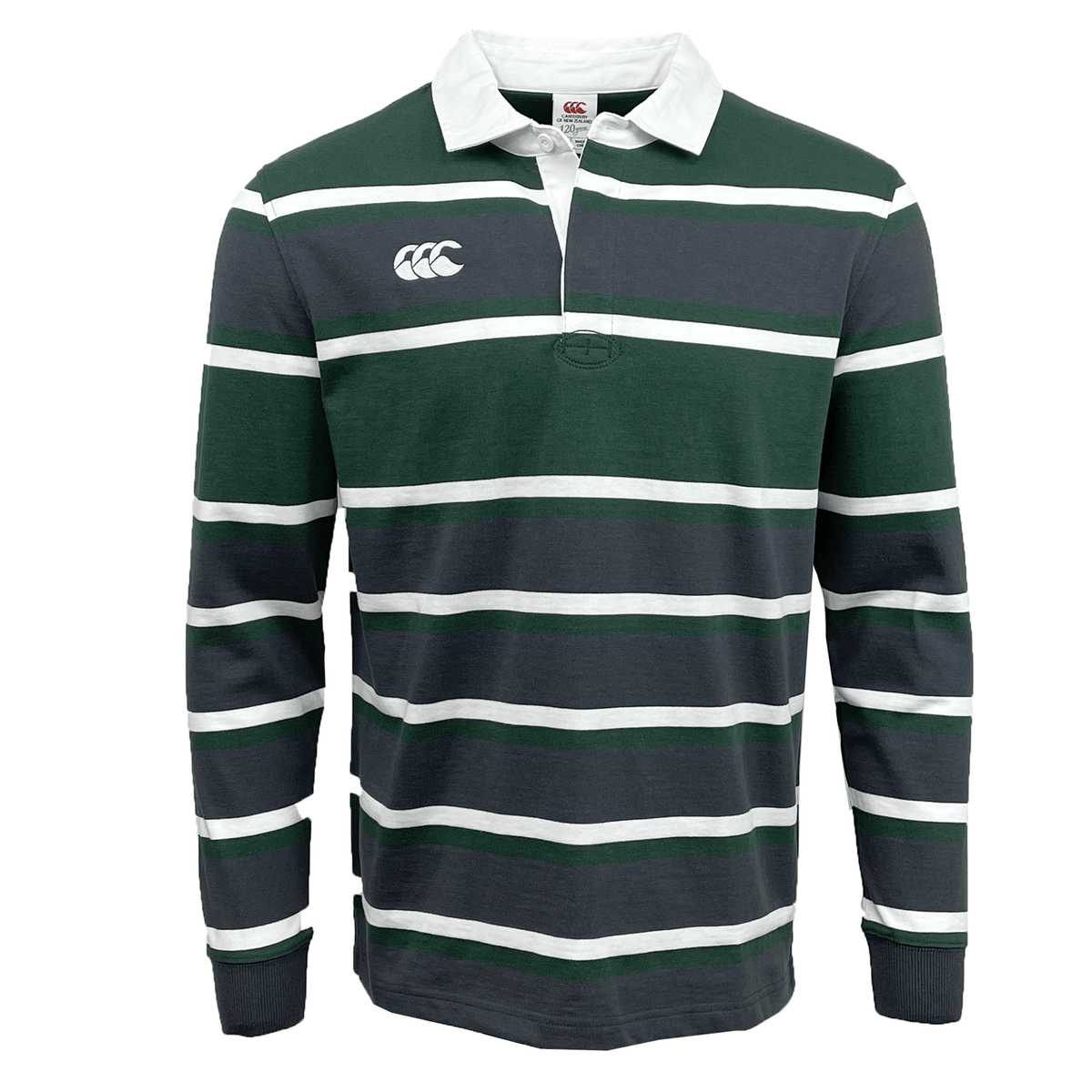 The Canterbury CCC Engineered Stripe Long Sleeve Rugger by Canterbury boasts green and white horizontal stripes, a white collar, and an embroidered logo on the chest.