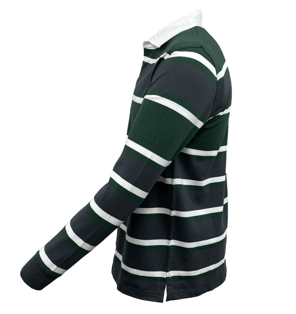 Side view of the Canterbury CCC Engineered Stripe Long Sleeve Rugger by Canterbury, showcasing horizontal green and white stripes and a classic white collar.