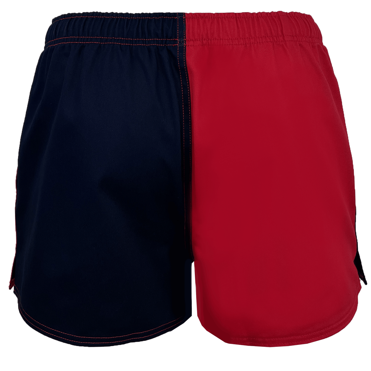 The Canterbury Harlequin Drill Shorts from Canterbury feature a striking two-toned design with black on the left and red on the right, are crafted from 100% cotton, and include an elastic waistband for added comfort.