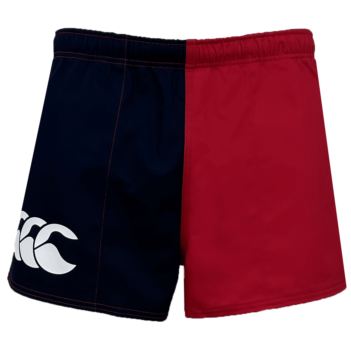 The Canterbury Harlequin Drill Shorts by Canterbury feature an elastic waistband with a distinctive design, half in navy blue and half in red, and are adorned with a stylish white logo on the navy blue section.