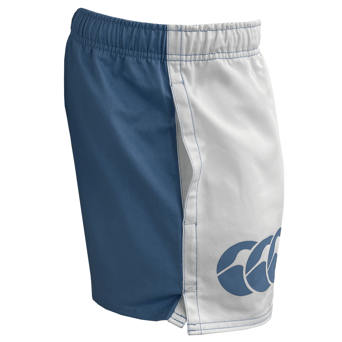 Introducing the Canterbury Harlequin Drill Shorts, boasting a chic logo on the front left side. These athletic shorts in blue and white are made from durable cotton, providing both comfort and resilience for any workout session.