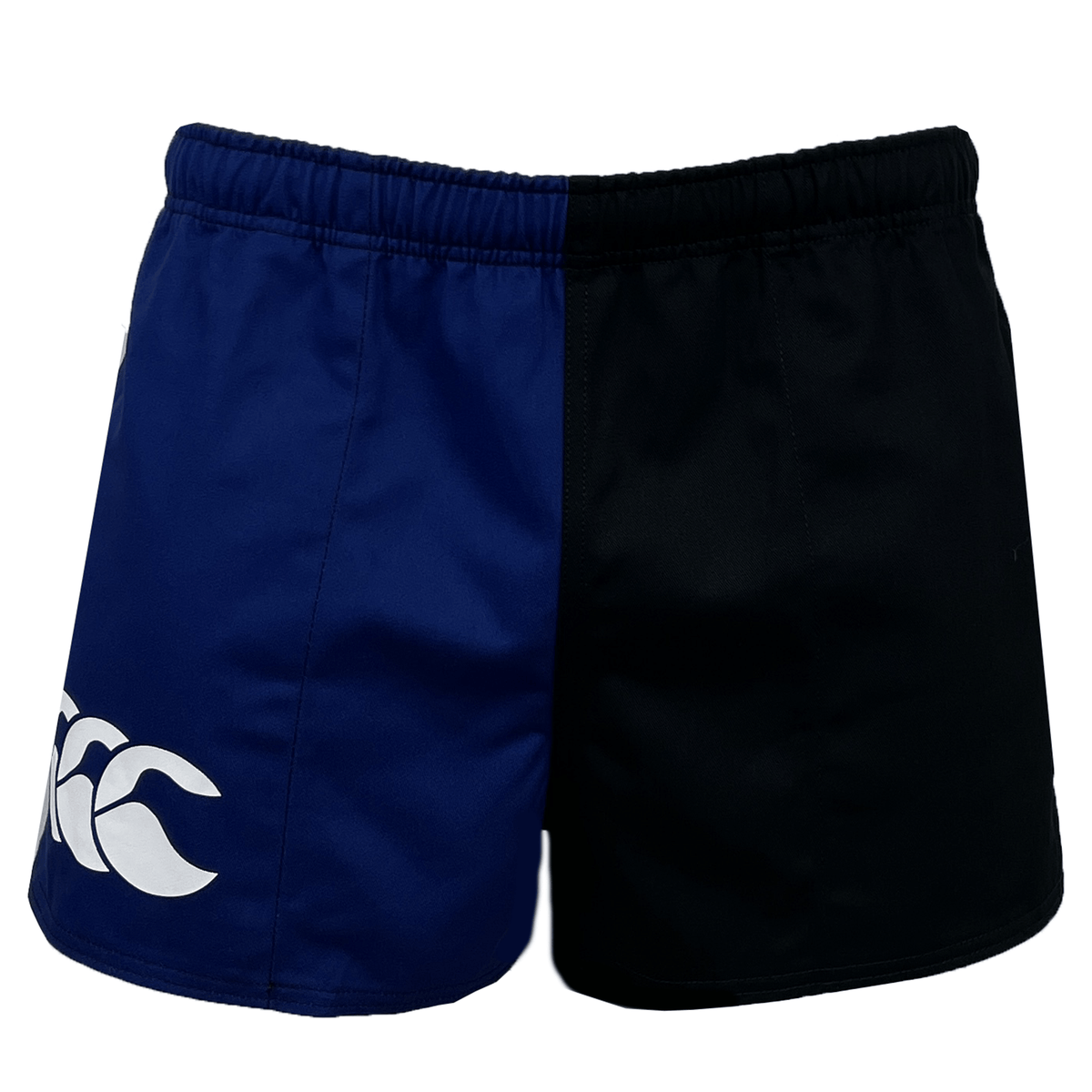The Canterbury Harlequin Drill Shorts feature a bold two-tone design, with one side in navy blue and the other in black. Made from 100% cotton, they ensure comfort, while a white logo on the blue side adds a touch of style to these athletic essentials.