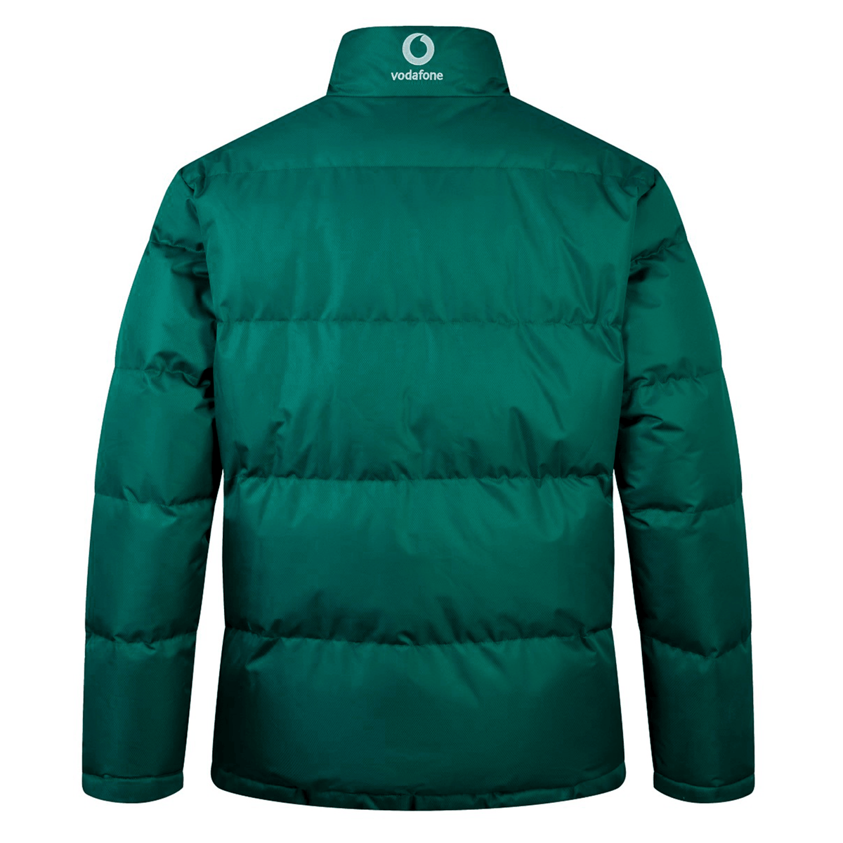 Back view of the Ireland 24 Puffer Jacket by Canterbury, featuring a high collar, a green design, and the Vodafone logo on the upper back.