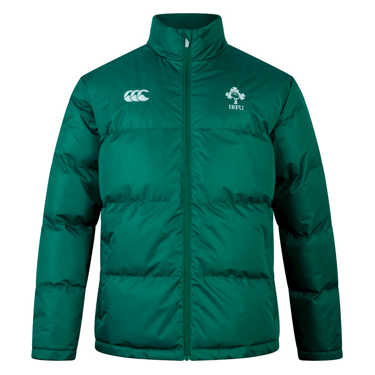Just In: Ireland 24 Puffer Jacket by Canterbury in green with a zip-up front, showcasing an IRFU insignia and intertwined shapes on the upper chest area. Designed by Canterbury for ultimate style and comfort.