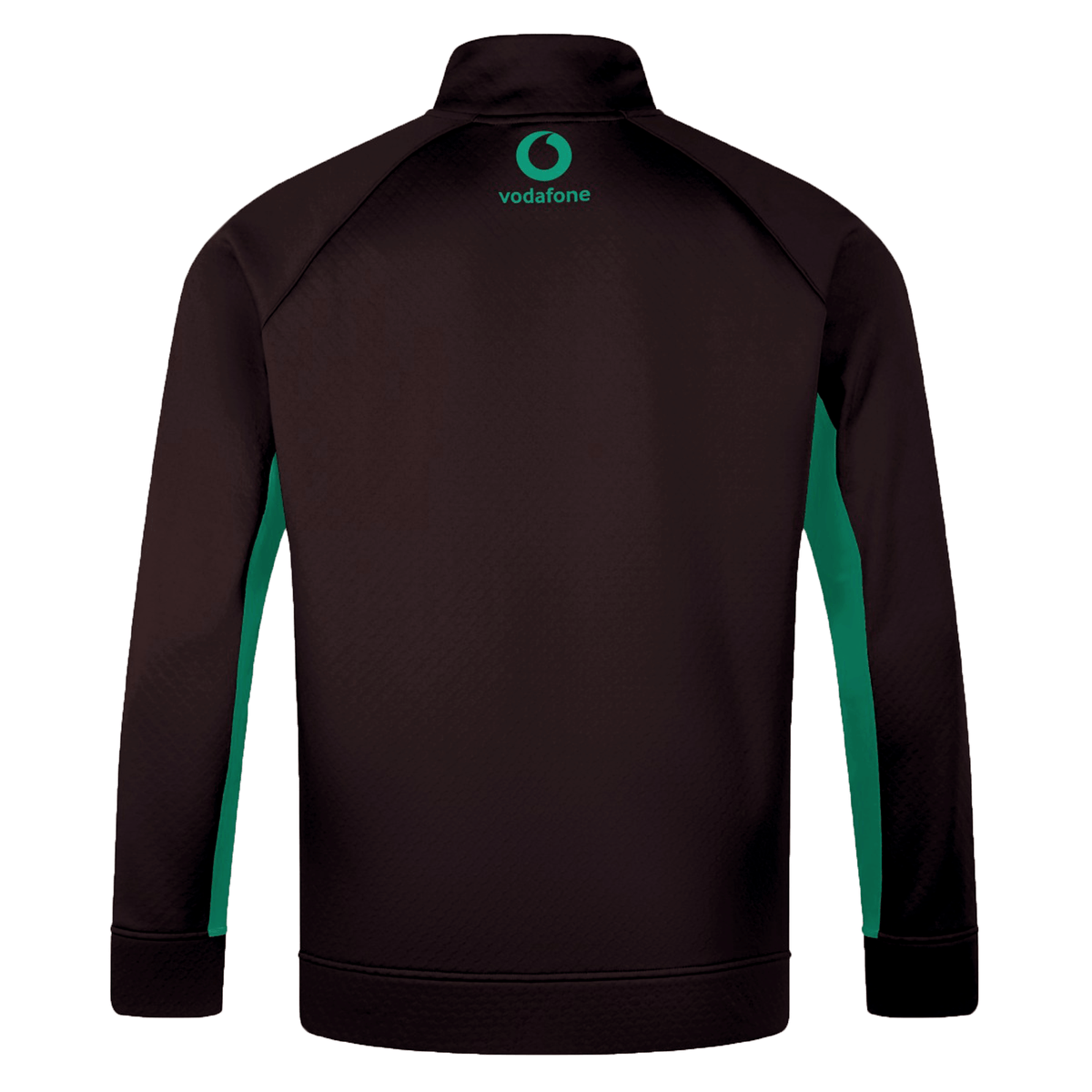 The Ireland 1/4 Zip Training Top 25/26 by Canterbury features green side panels and a green Vodafone logo on the upper back, inspired by Ireland&#39;s training top and made with Thermoreg technology for warmth and comfort.